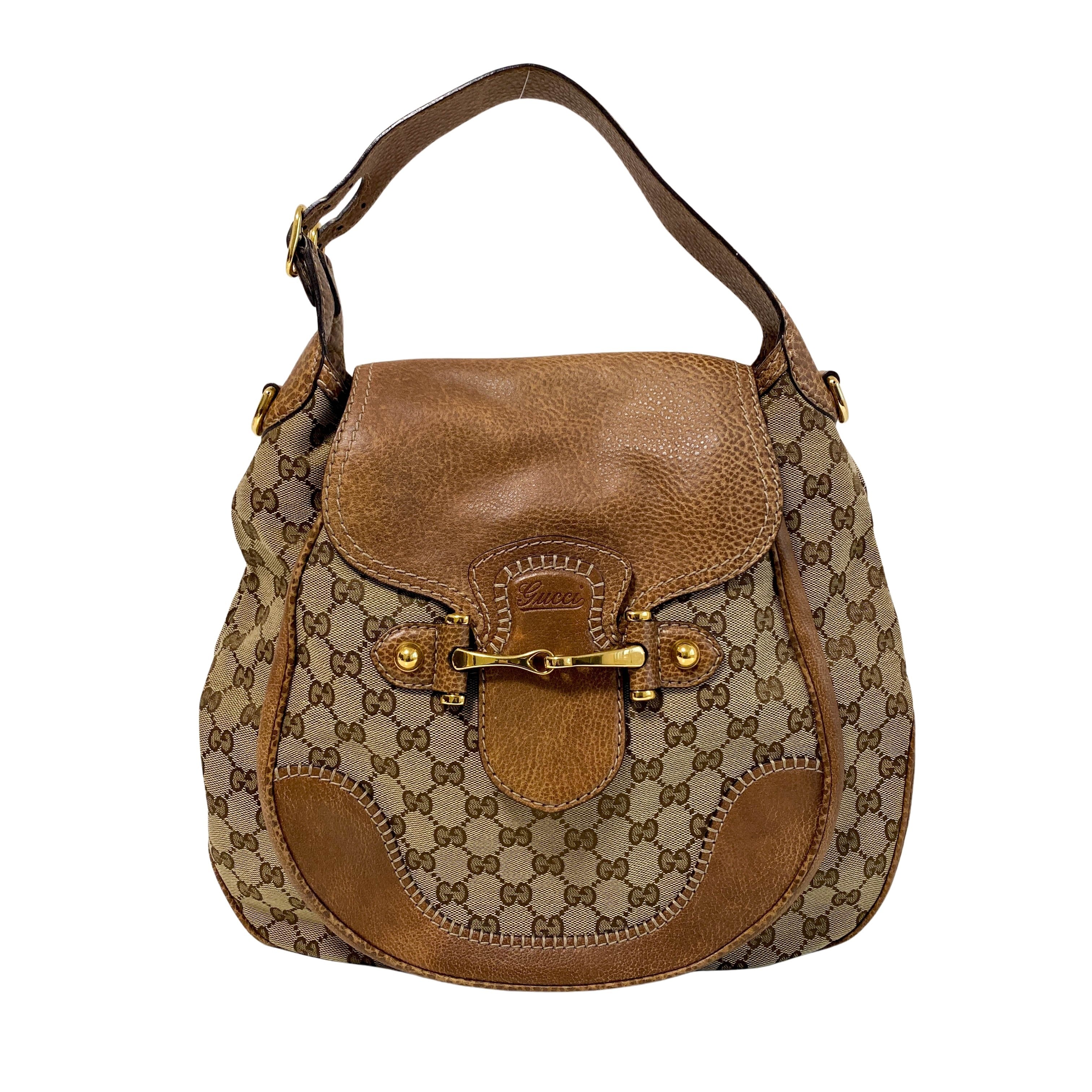 Horsebit Brown Leather and Canvas Hobo Shoulder Bag