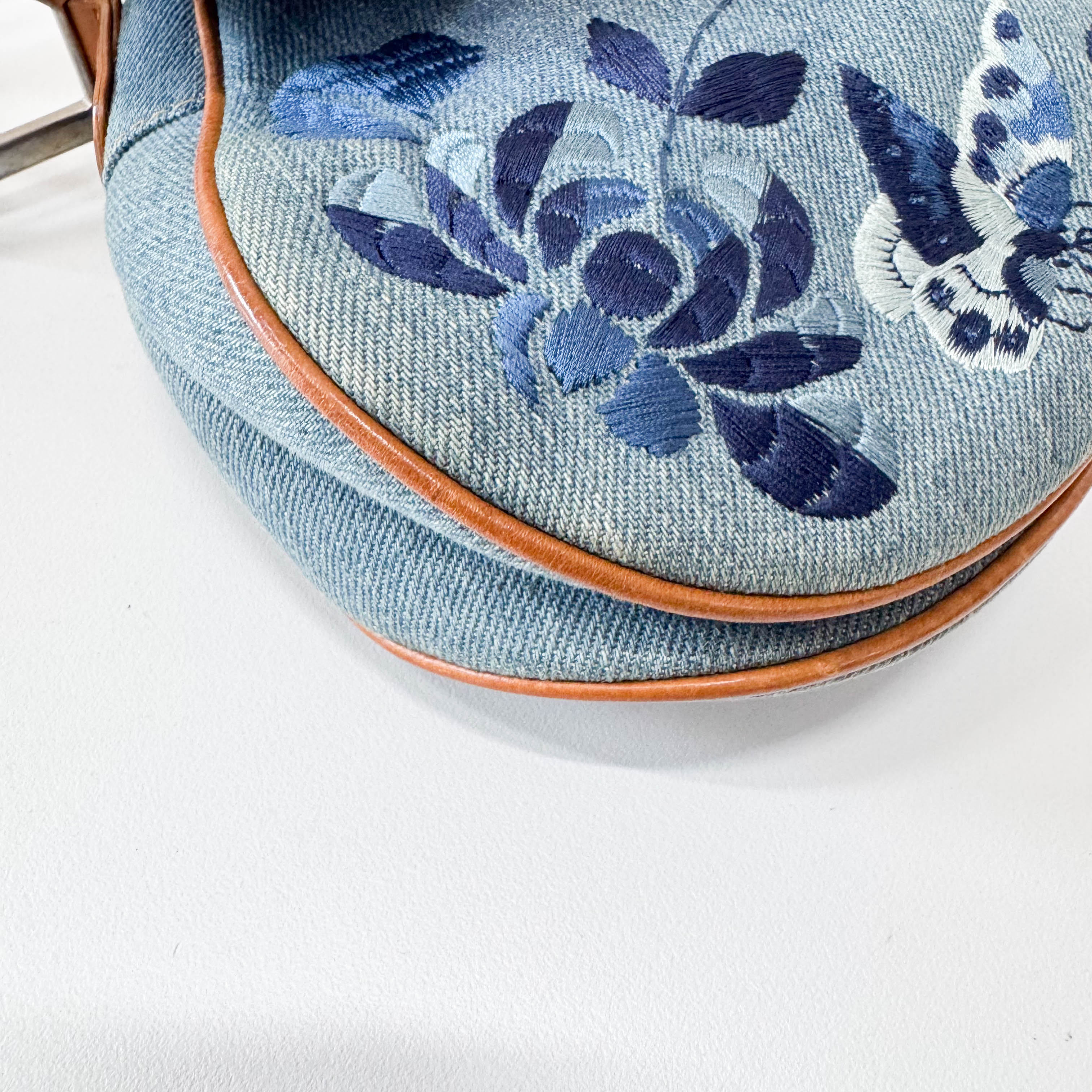 Saddle Denim Flower Embroidered Shoulder Bag