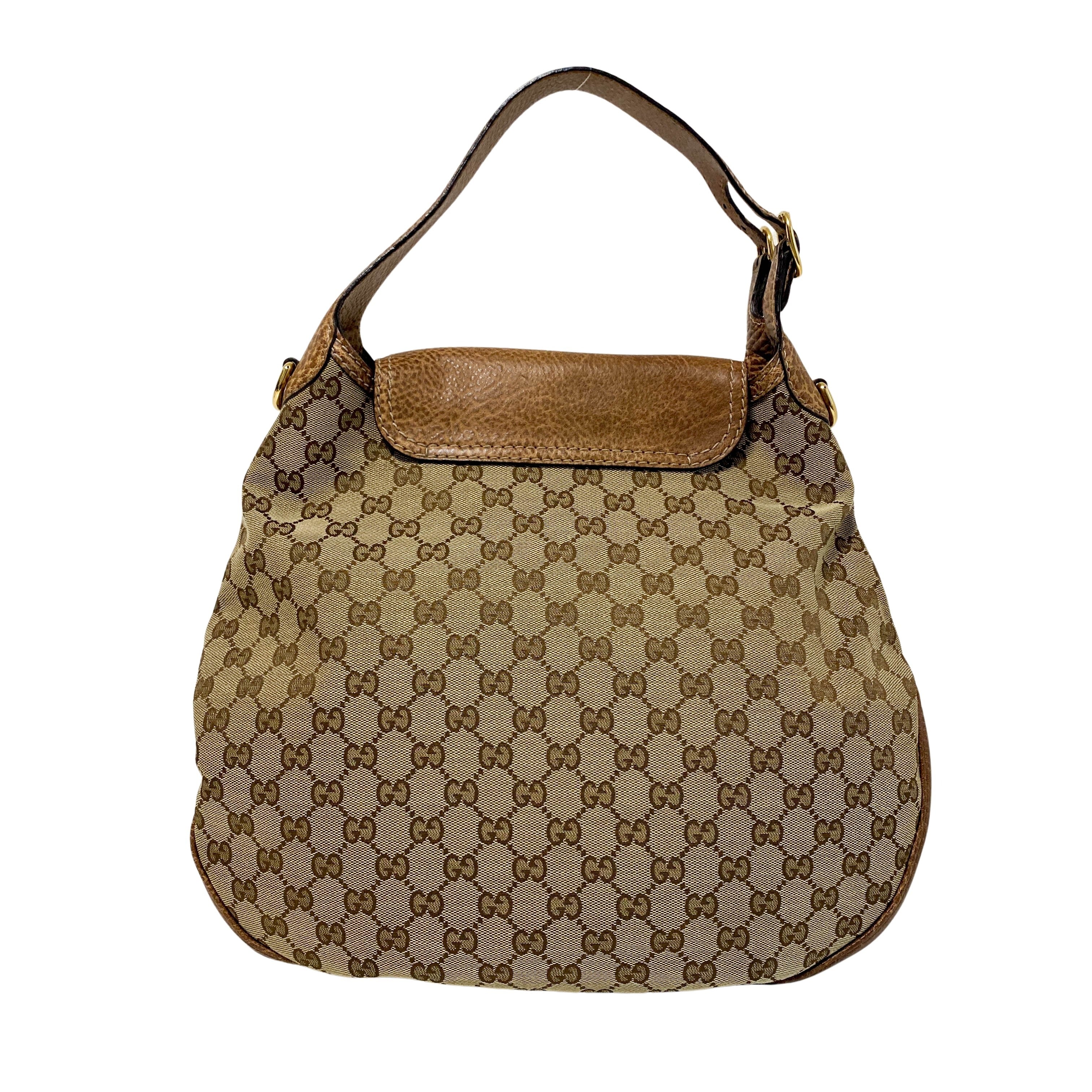 Horsebit Brown Leather and Canvas Hobo Shoulder Bag