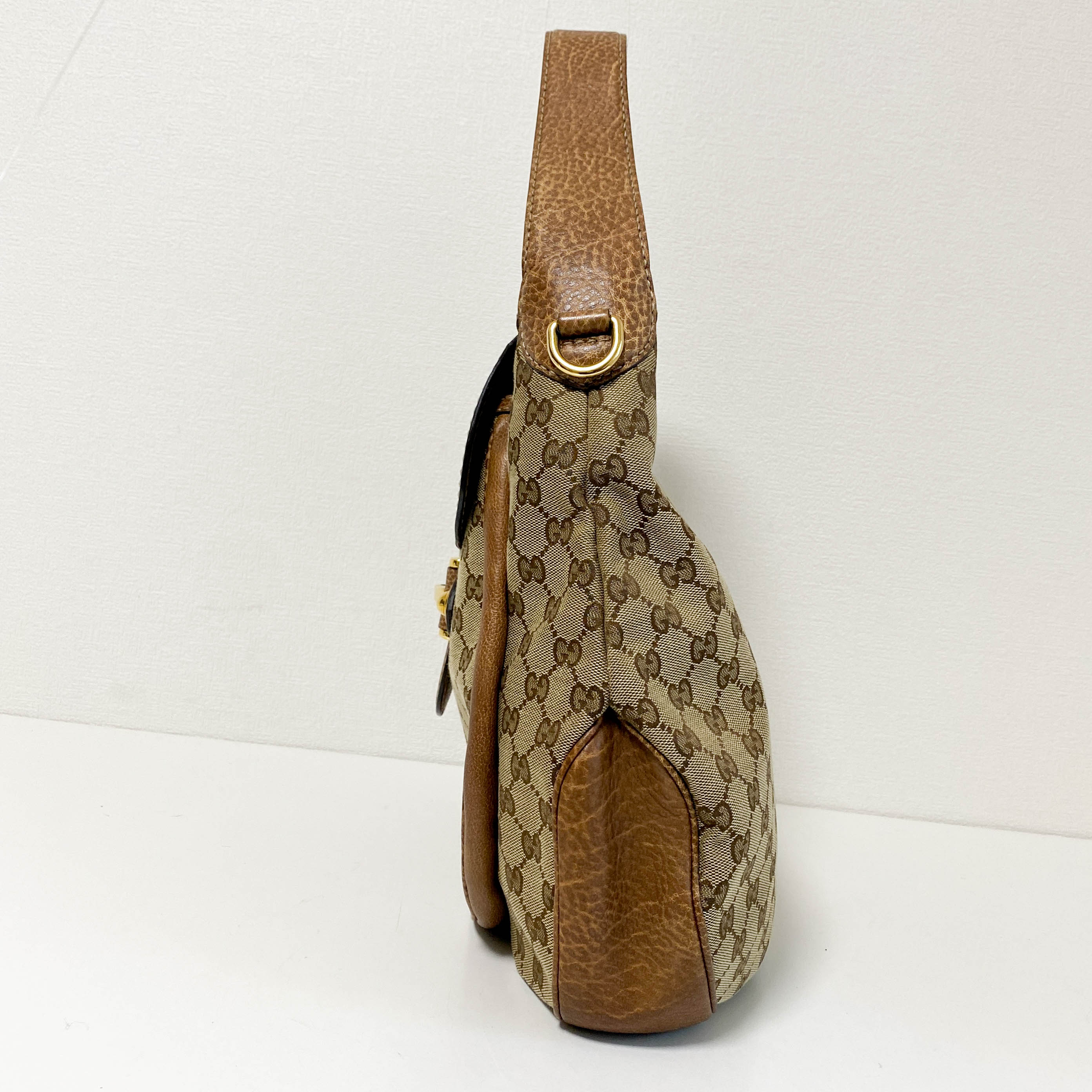 Horsebit Brown Leather and Canvas Hobo Shoulder Bag