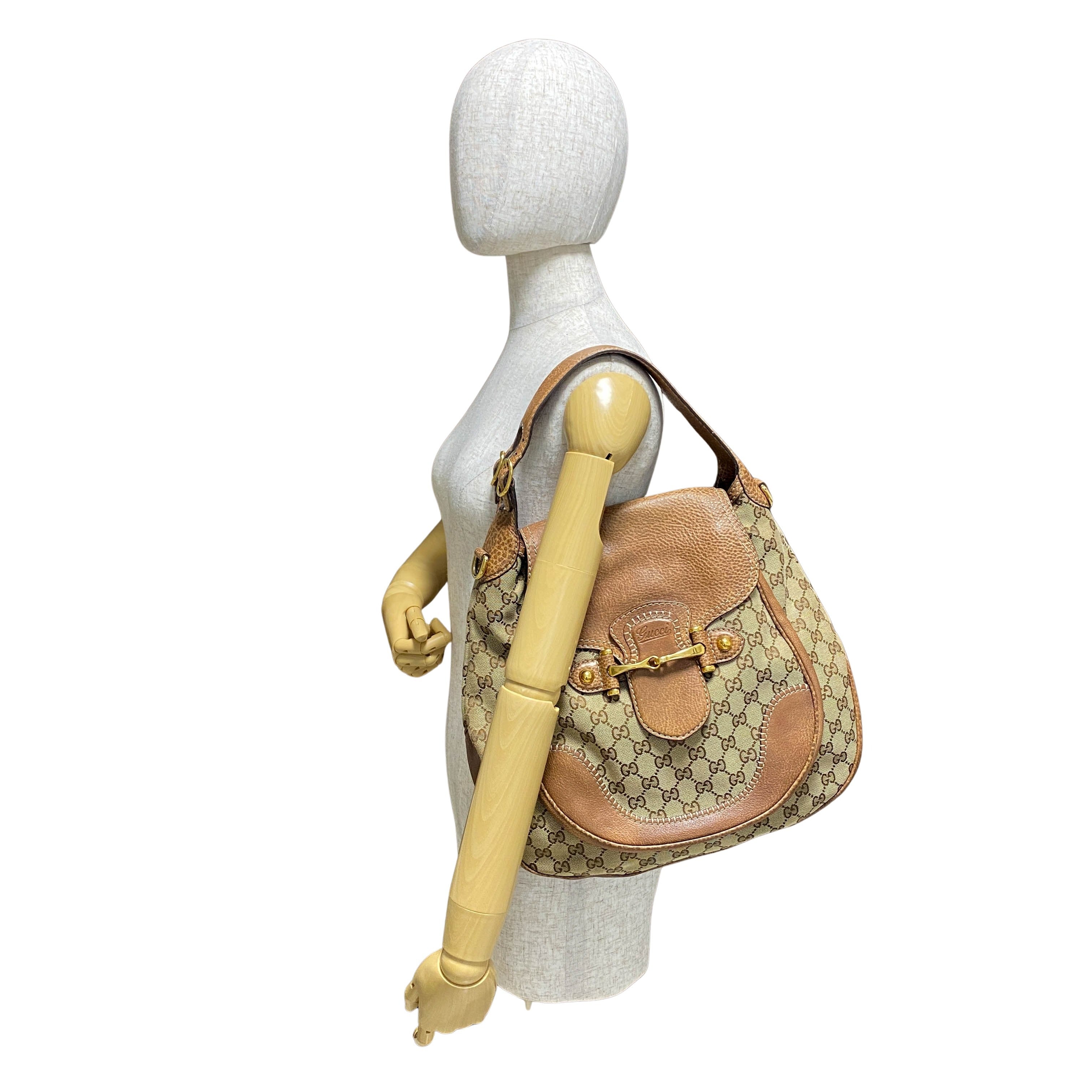 Horsebit Brown Leather and Canvas Hobo Shoulder Bag