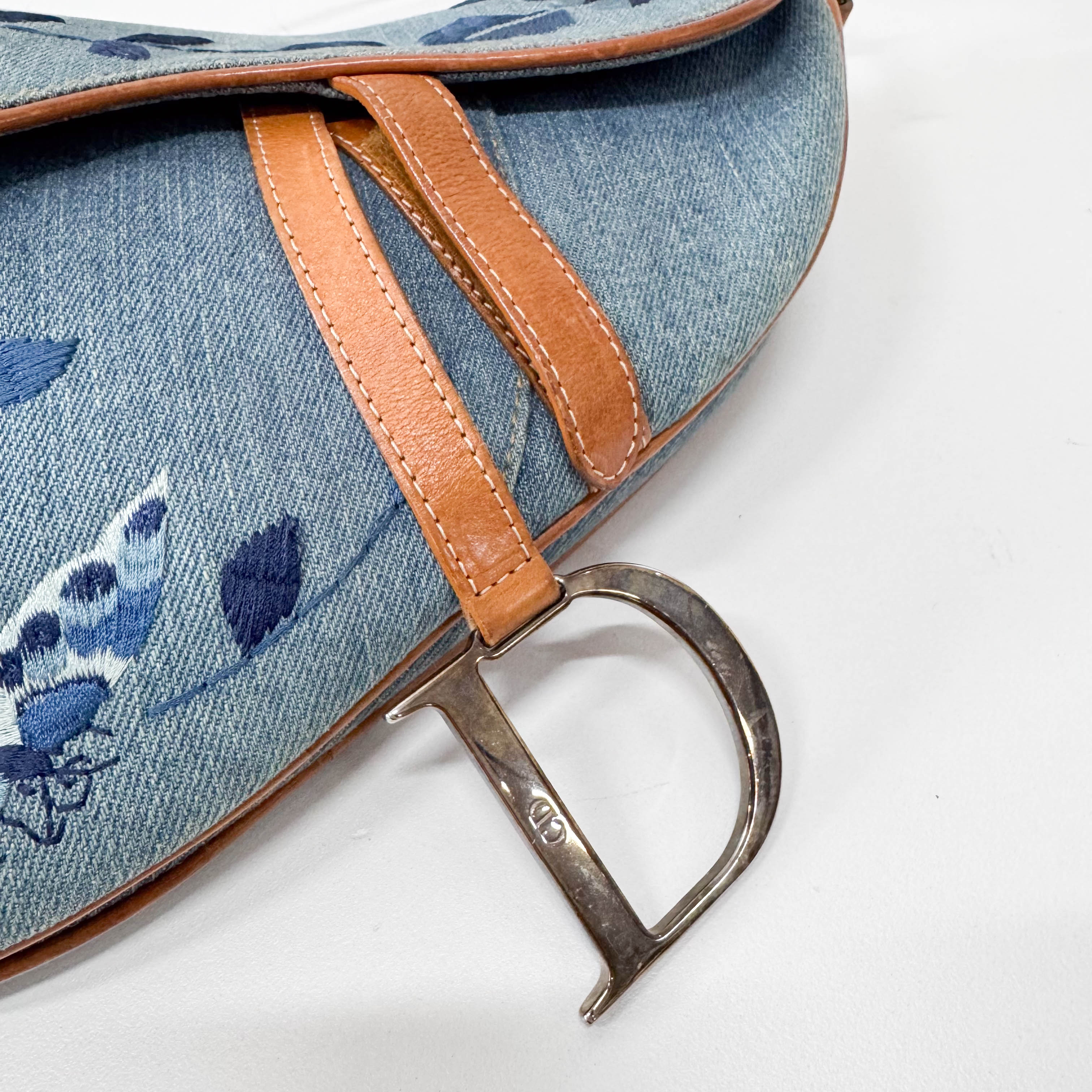 Saddle Denim Flower Embroidered Shoulder Bag