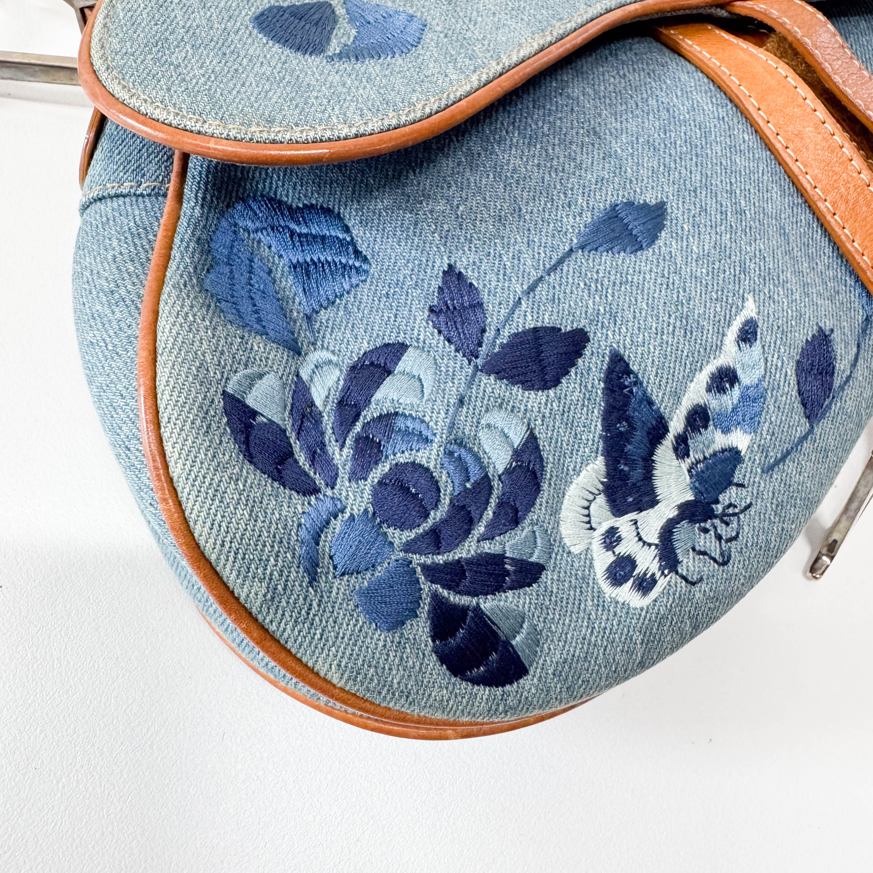 Saddle Denim Flower Embroidered Shoulder Bag