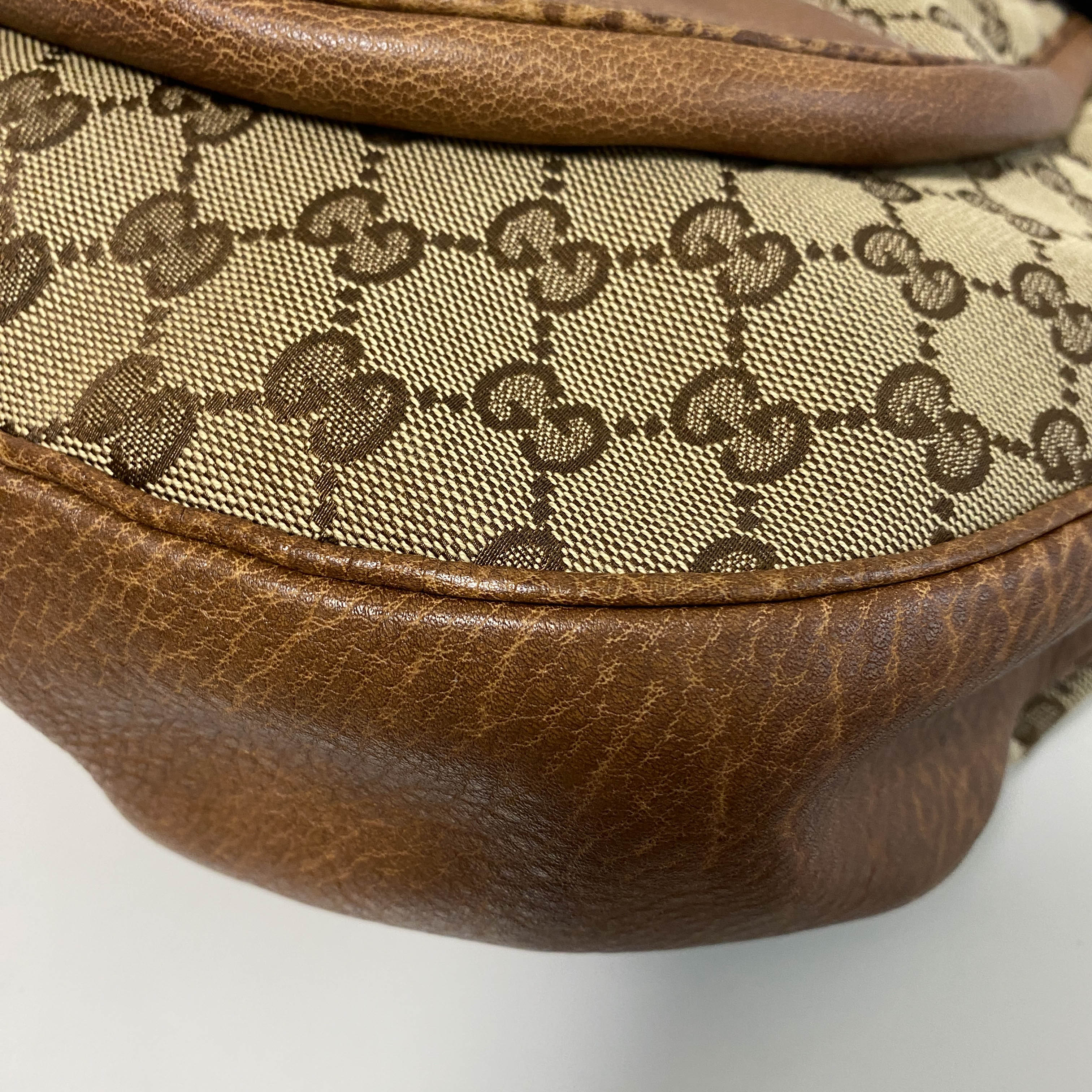 Horsebit Brown Leather and Canvas Hobo Shoulder Bag