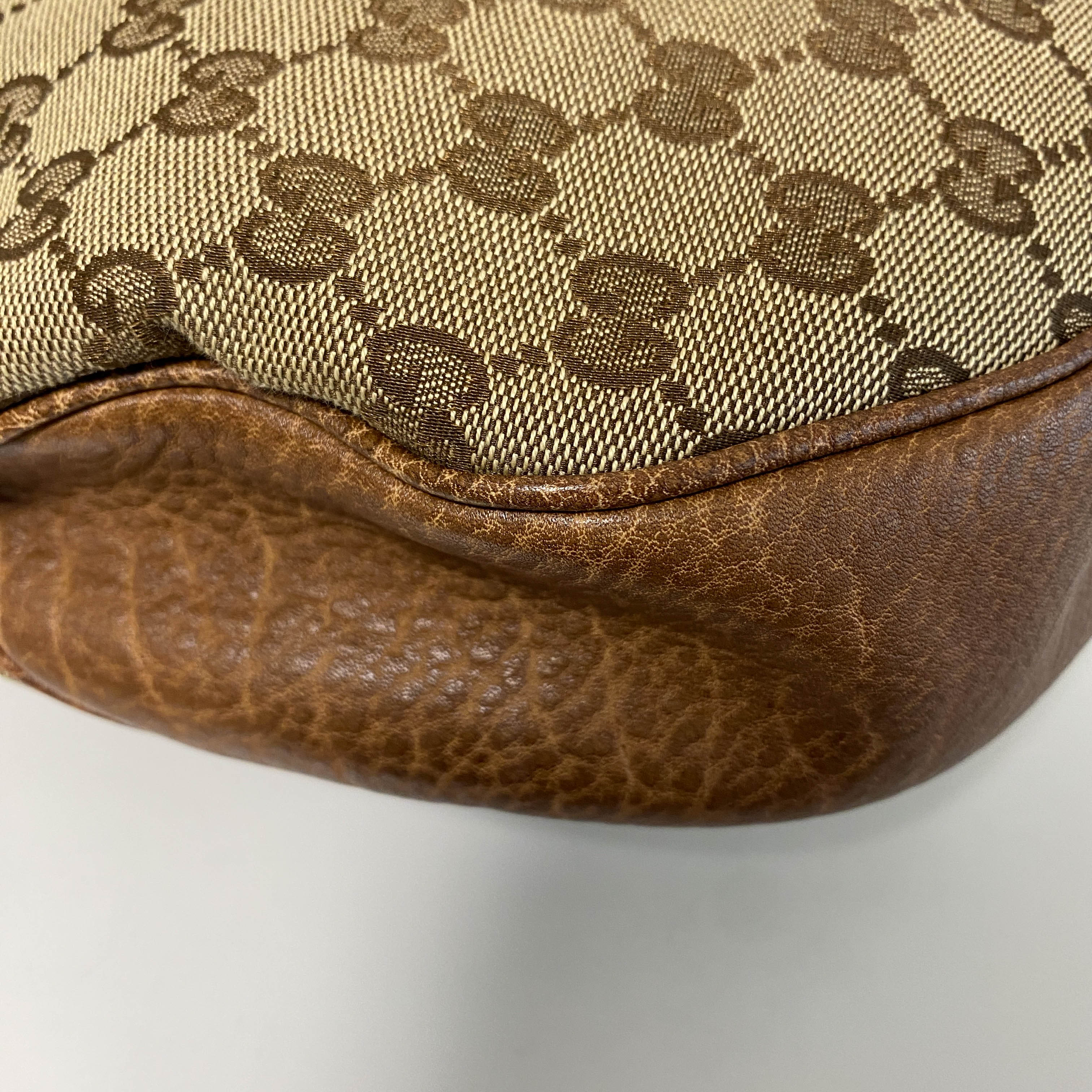 Horsebit Brown Leather and Canvas Hobo Shoulder Bag