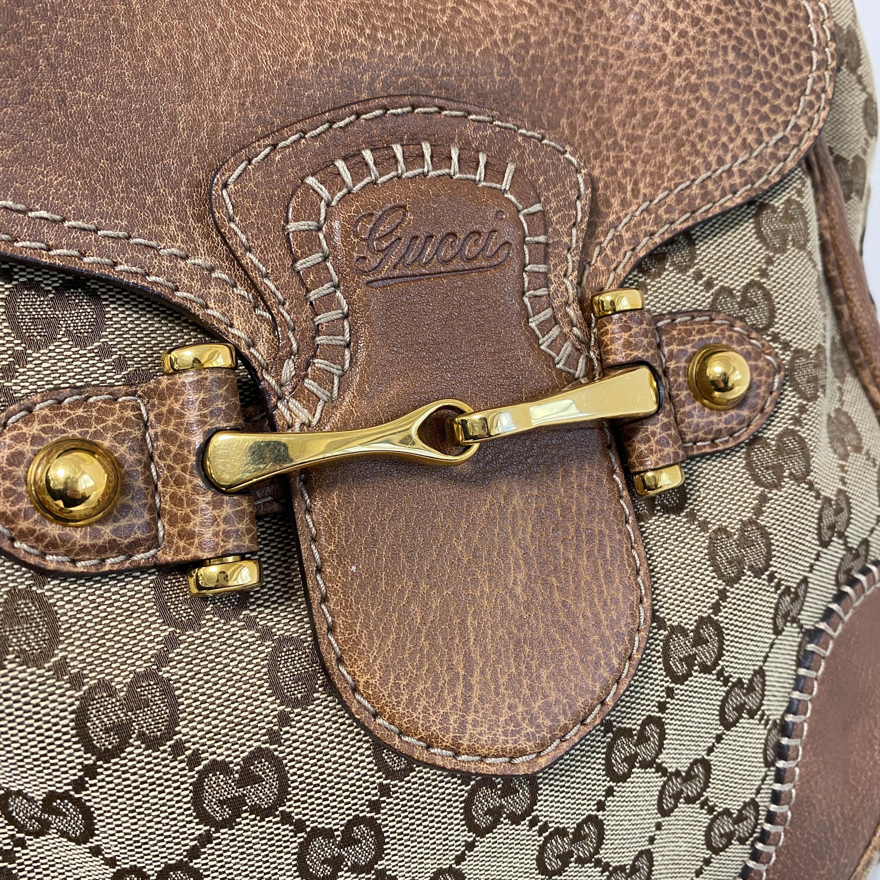 Horsebit Brown Leather and Canvas Hobo Shoulder Bag