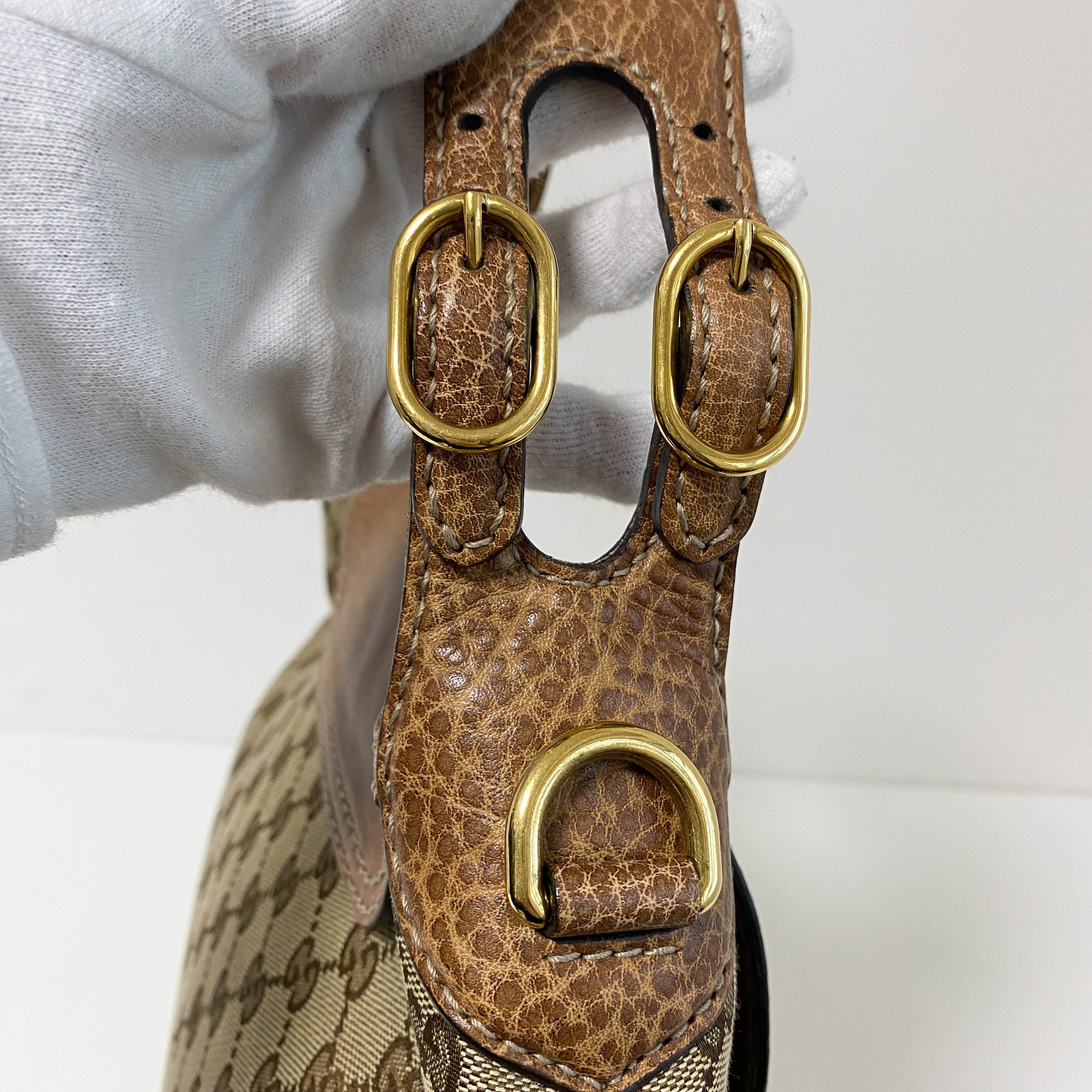 Horsebit Brown Leather and Canvas Hobo Shoulder Bag