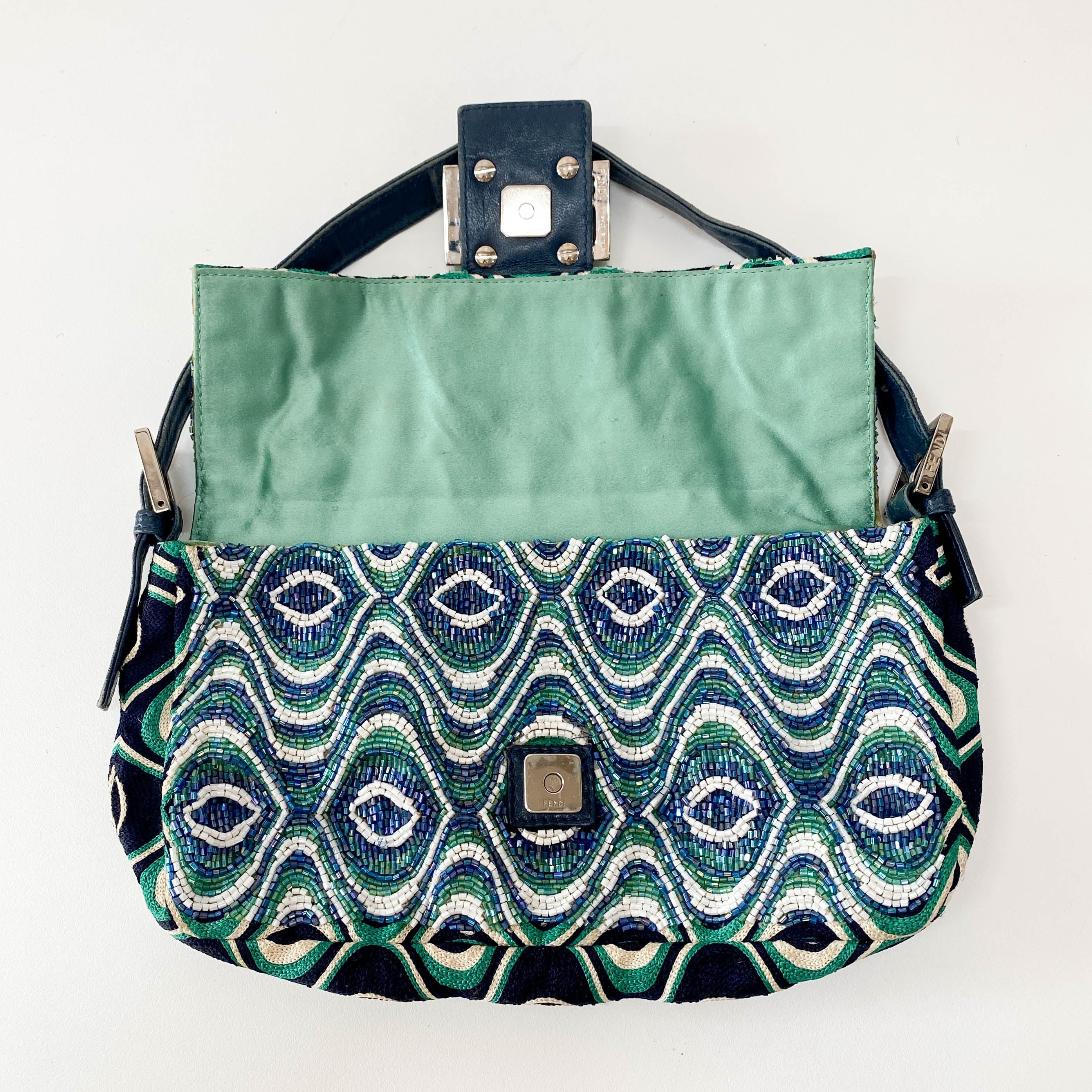 Baguette Beaded Green Geometric Pattern Shoulder Bag