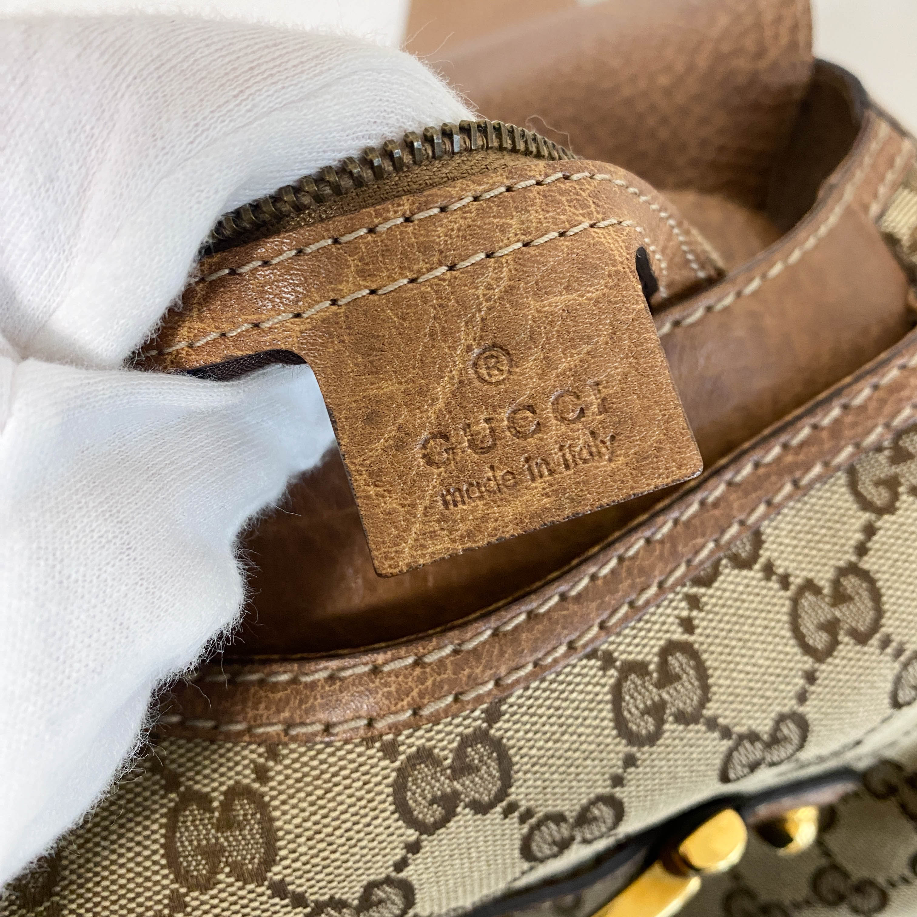 Horsebit Brown Leather and Canvas Hobo Shoulder Bag