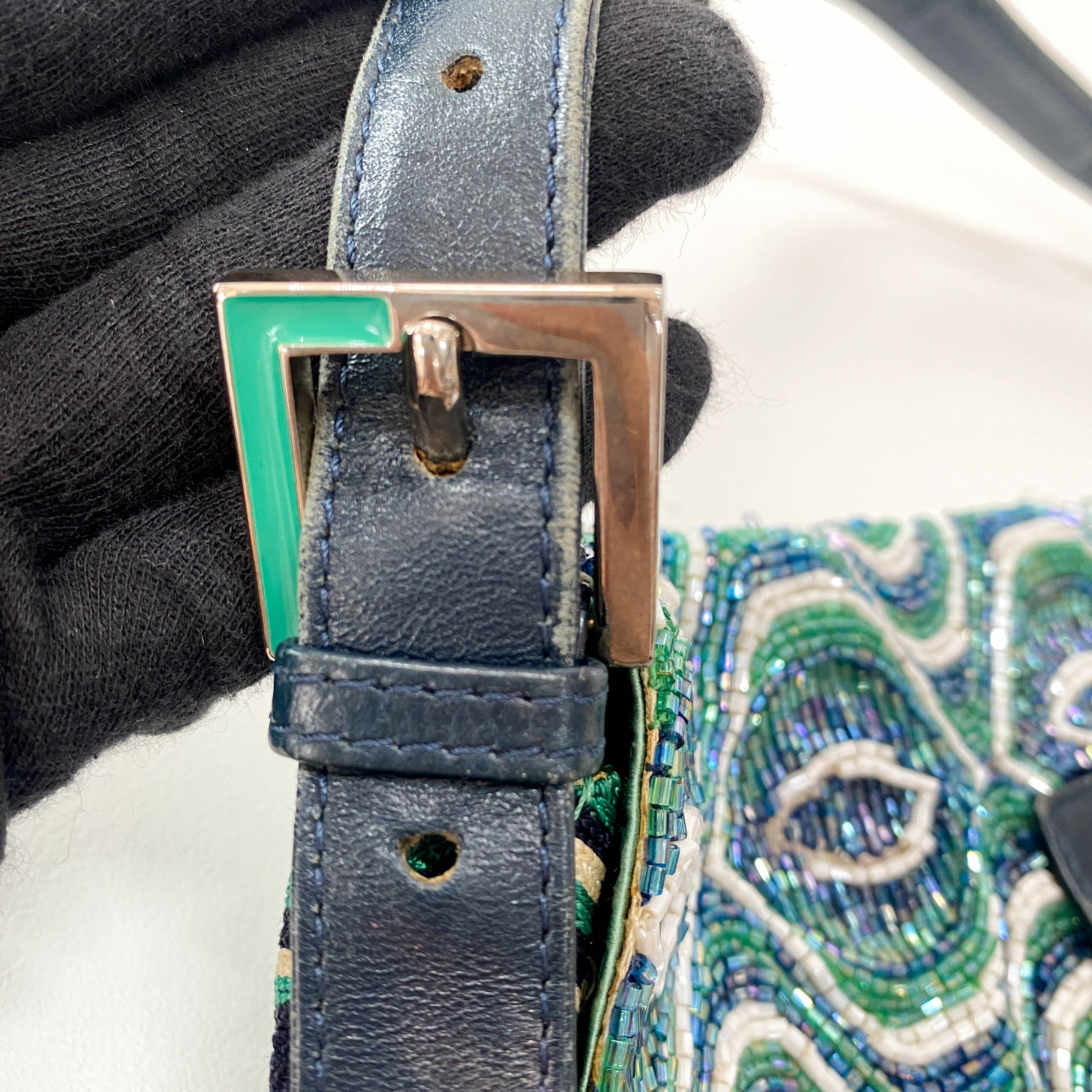 Baguette Beaded Green Geometric Pattern Shoulder Bag