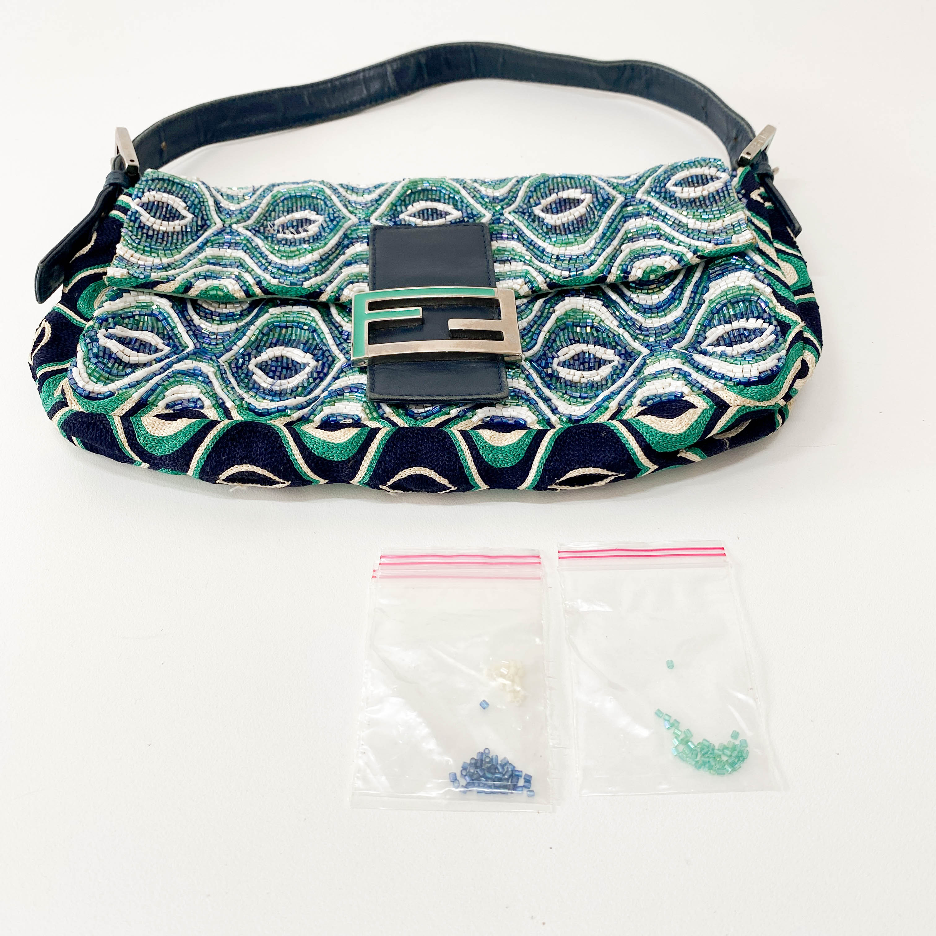 Baguette Beaded Green Geometric Pattern Shoulder Bag