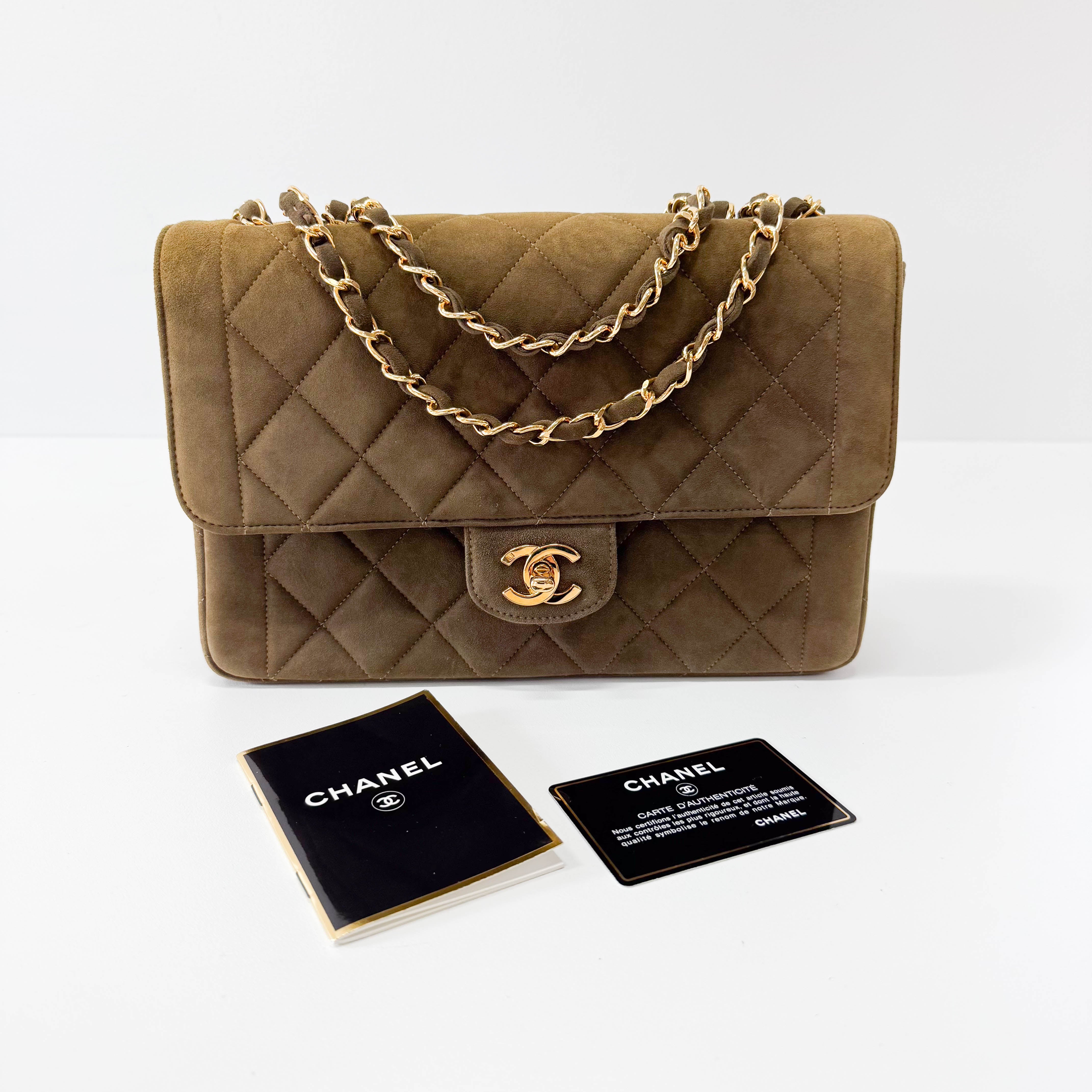 Timeless Classic Quilted Single Flap Suede Khaki Shoulder Bag Chain Gold Hardware