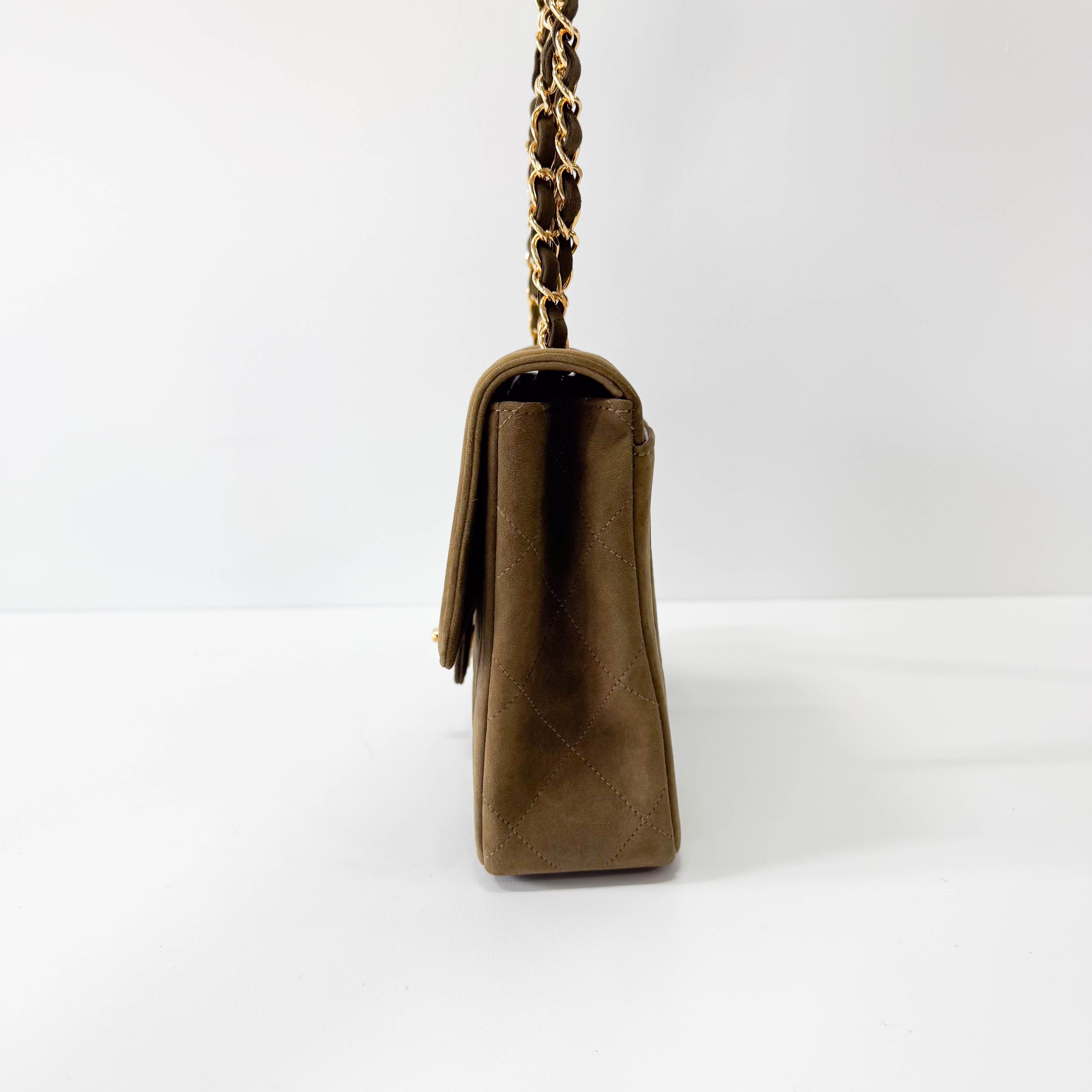 Timeless Classic Quilted Single Flap Suede Khaki Shoulder Bag Chain Gold Hardware