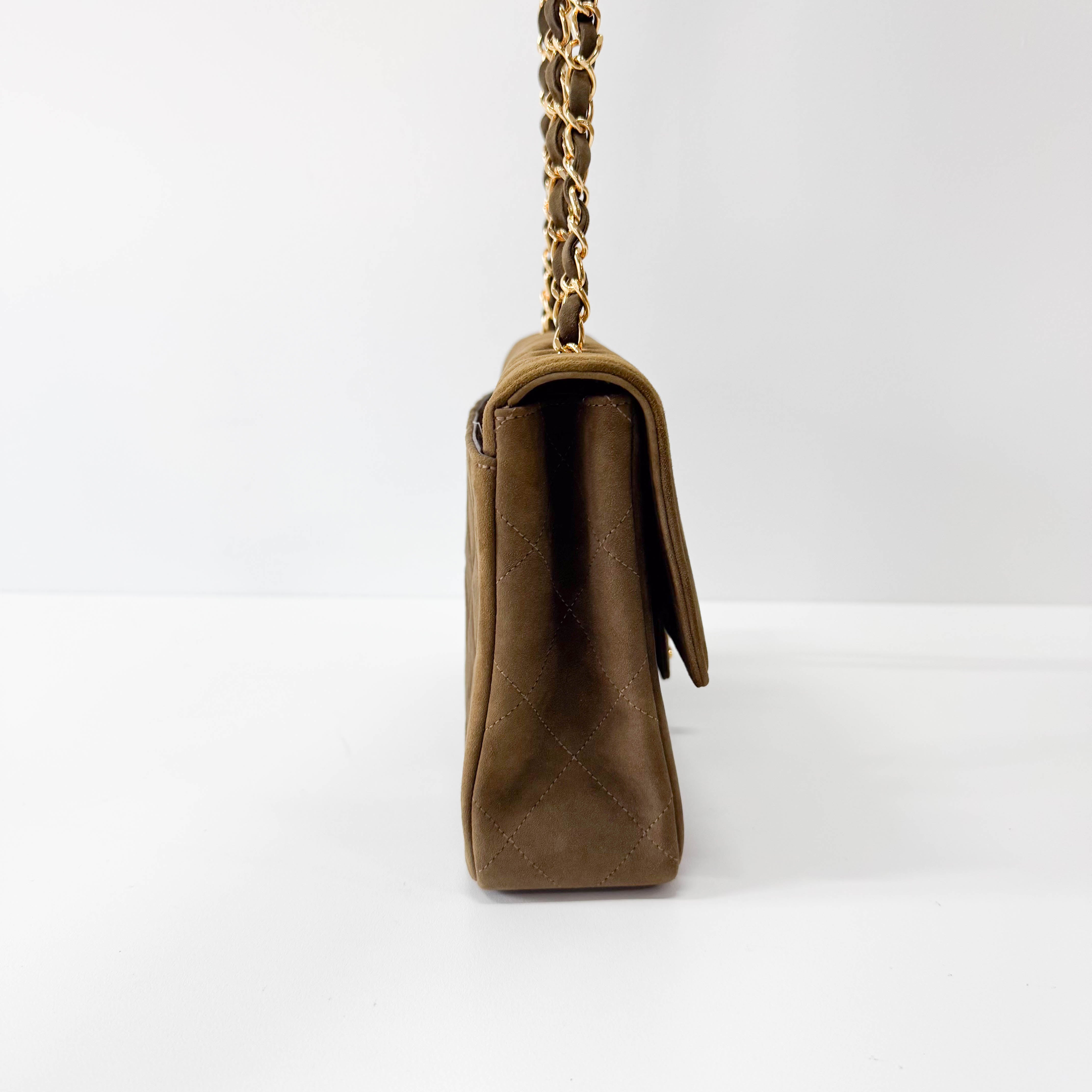 Timeless Classic Quilted Single Flap Suede Khaki Shoulder Bag Chain Gold Hardware