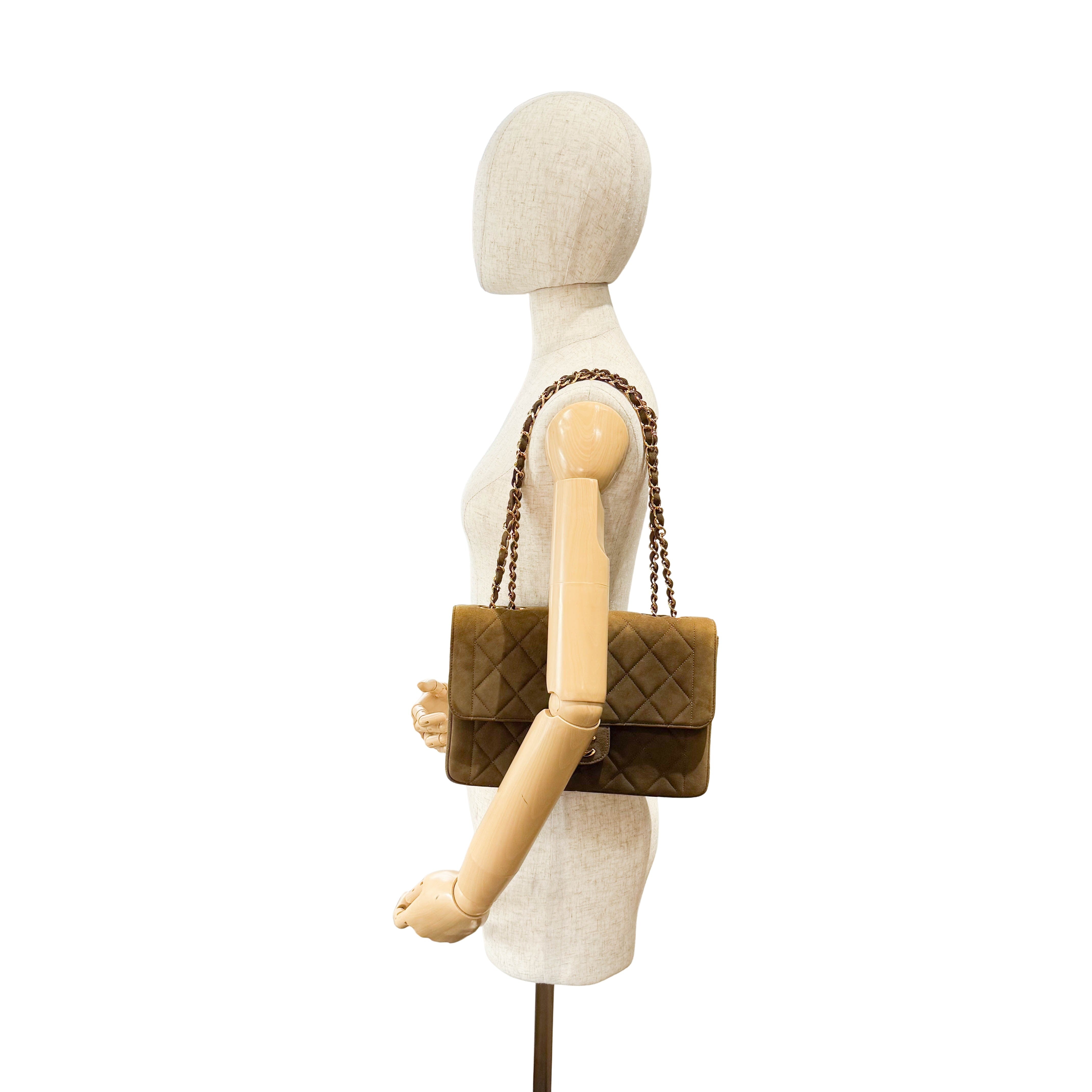 Timeless Classic Quilted Single Flap Suede Khaki Shoulder Bag Chain Gold Hardware
