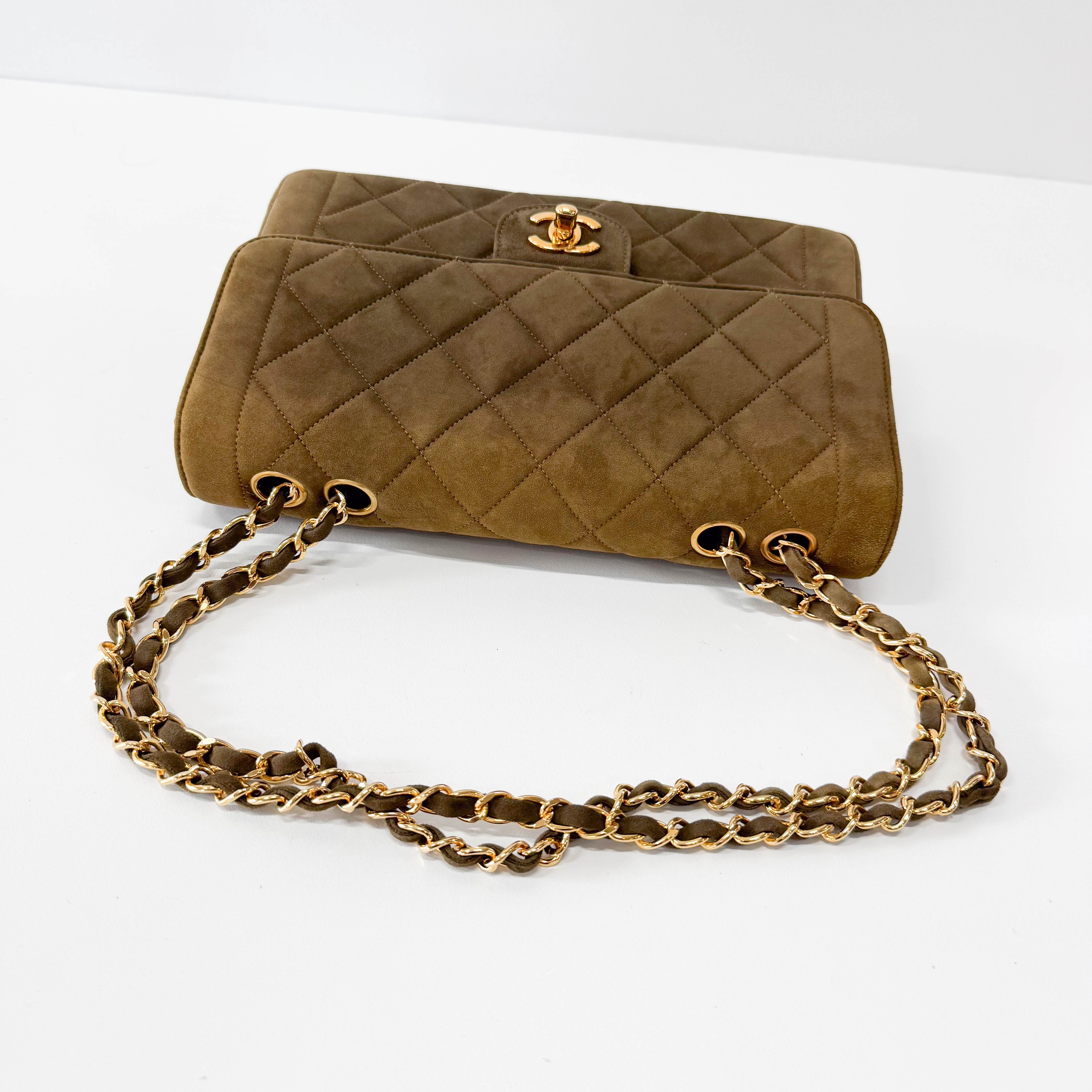 Timeless Classic Quilted Single Flap Suede Khaki Shoulder Bag Chain Gold Hardware