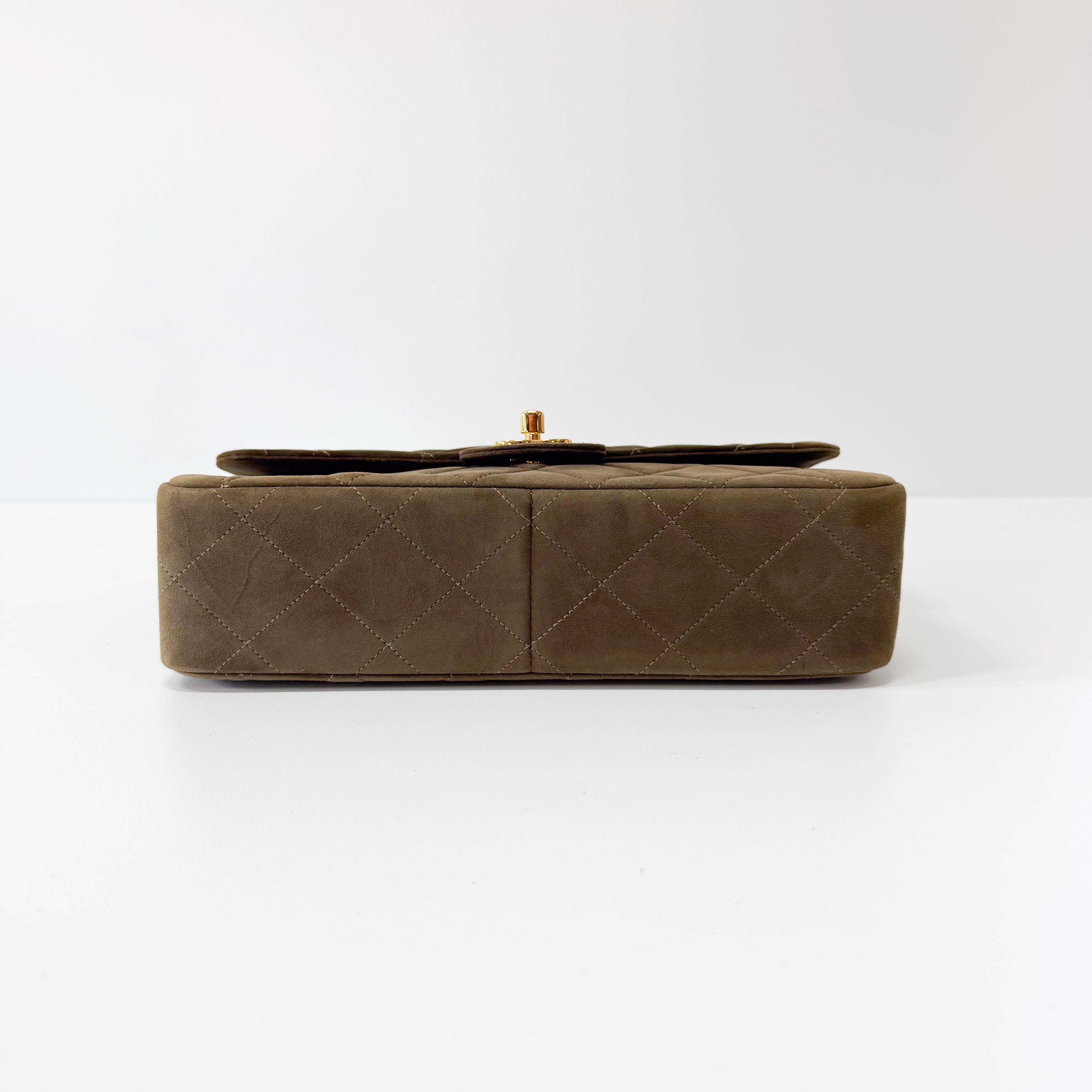 Timeless Classic Quilted Single Flap Suede Khaki Shoulder Bag Chain Gold Hardware