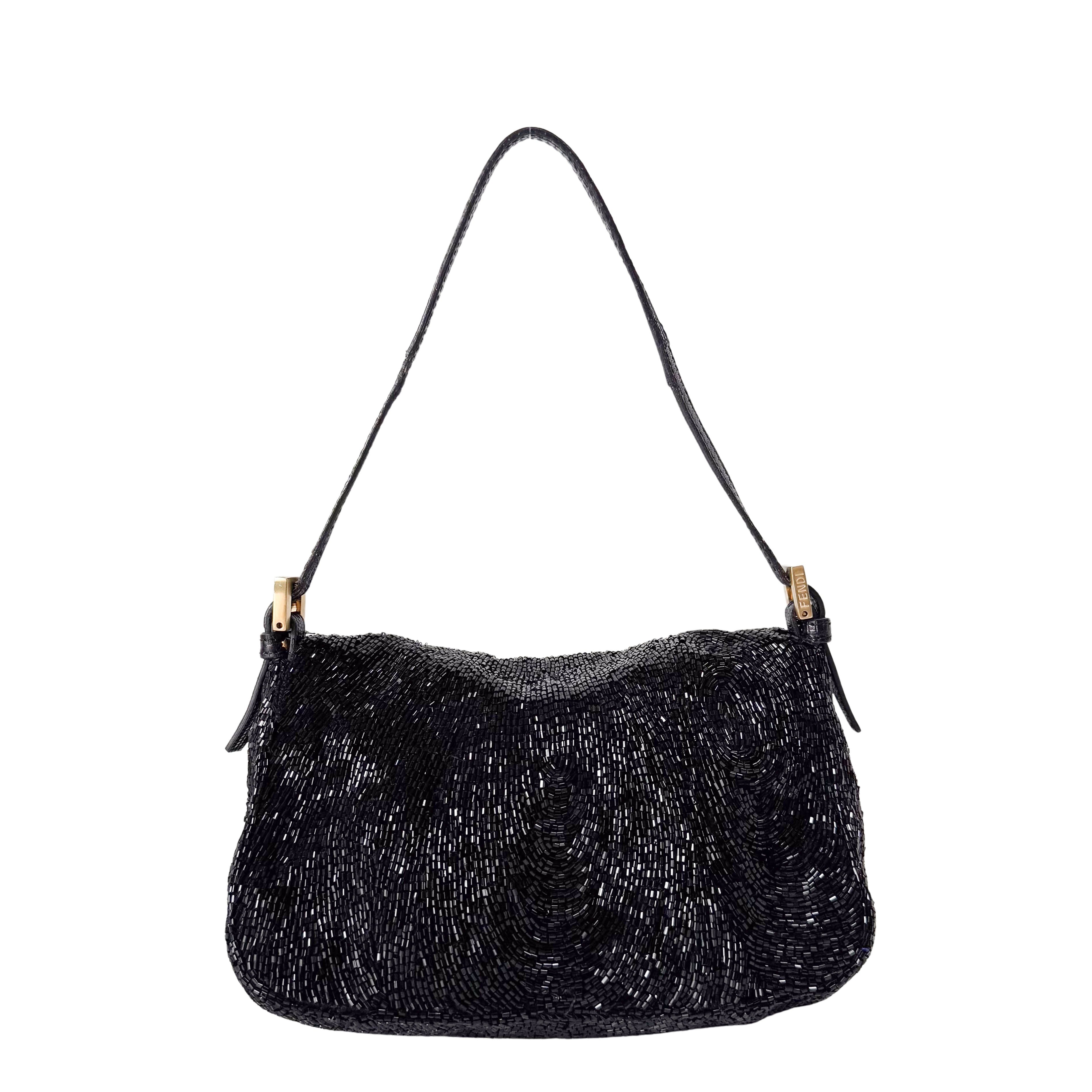 Mini Mamma Baguette Black Beads with Gold Buckle Bag