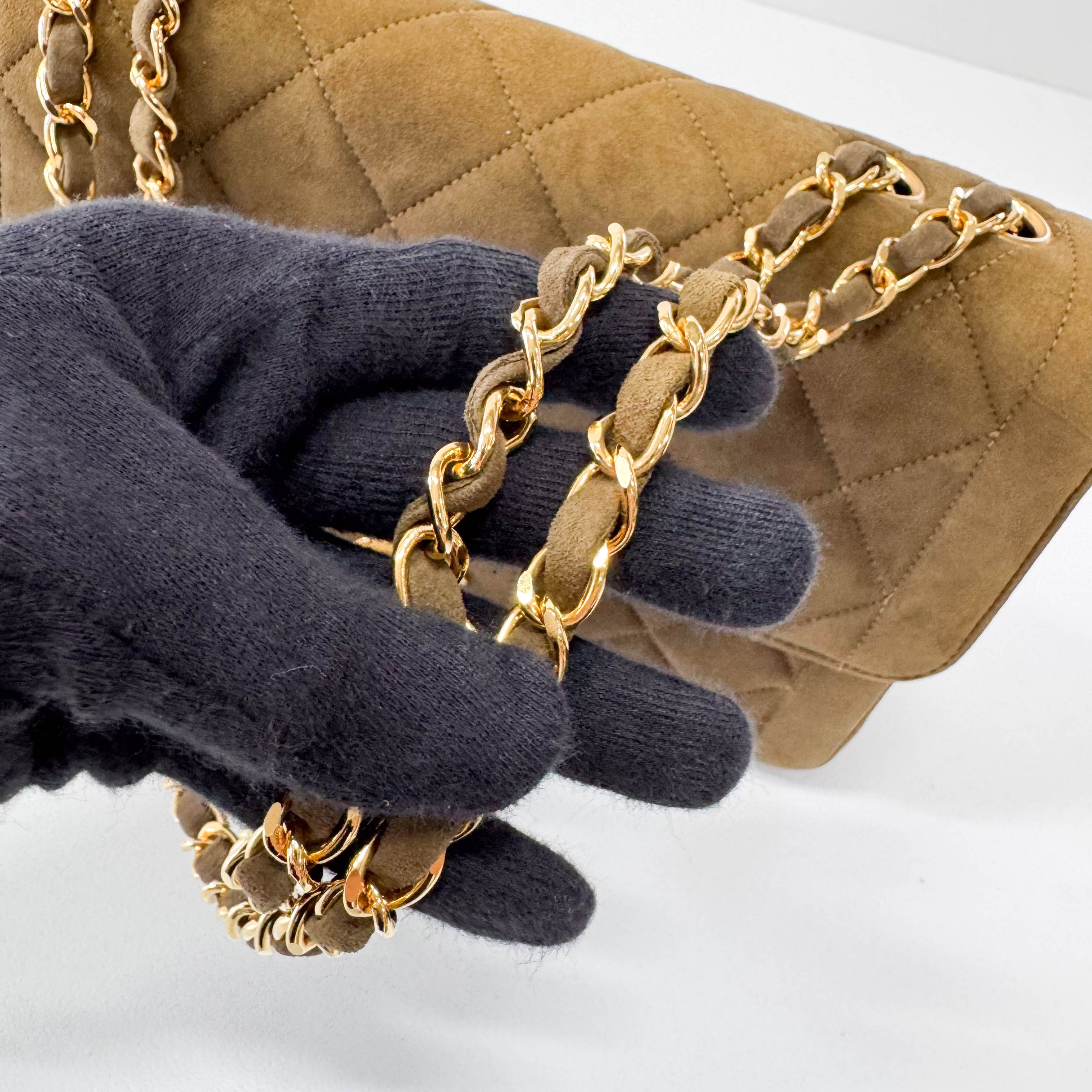 Timeless Classic Quilted Single Flap Suede Khaki Shoulder Bag Chain Gold Hardware