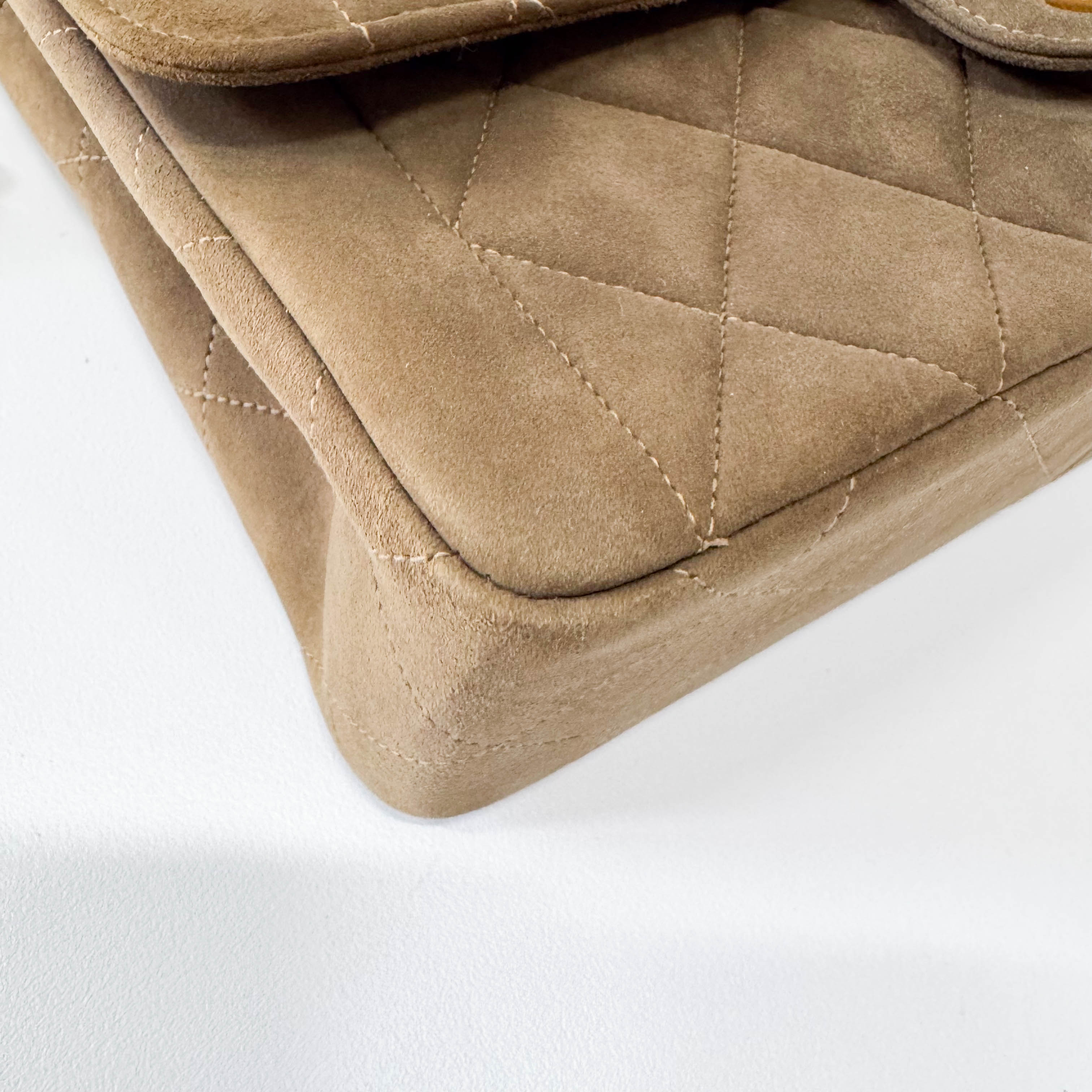 Timeless Classic Quilted Single Flap Suede Khaki Shoulder Bag Chain Gold Hardware