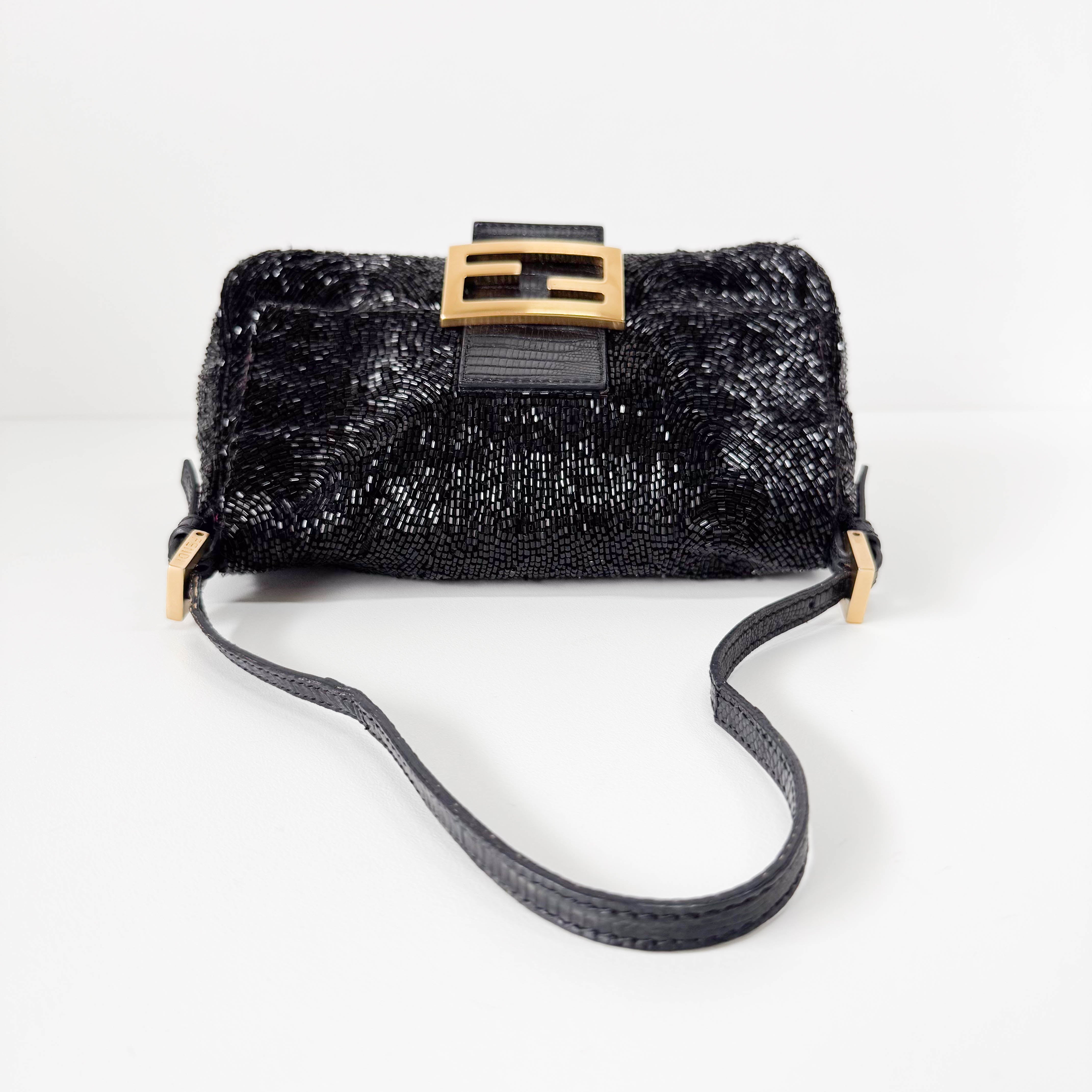 Mini Mamma Baguette Black Beads with Gold Buckle Bag