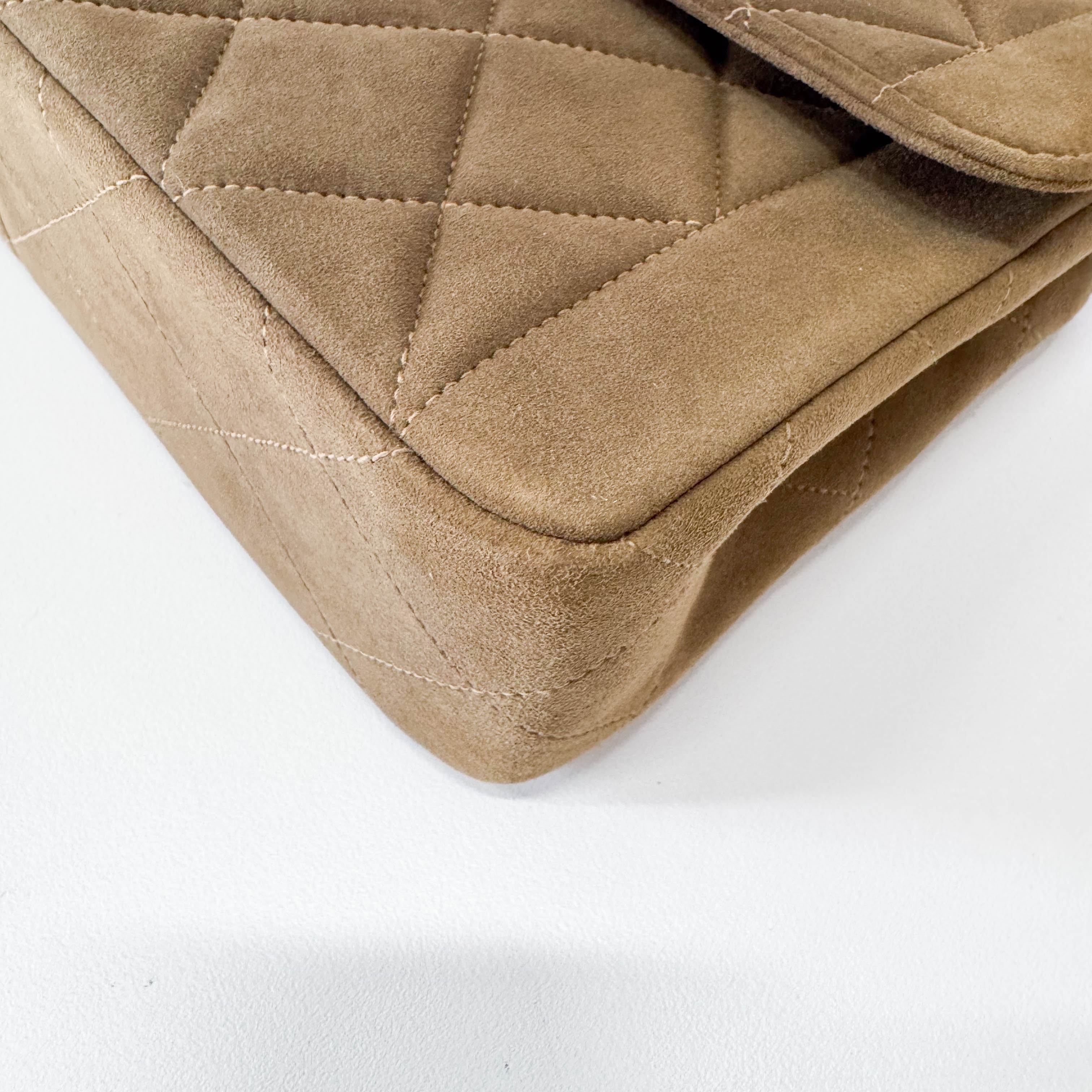 Timeless Classic Quilted Single Flap Suede Khaki Shoulder Bag Chain Gold Hardware