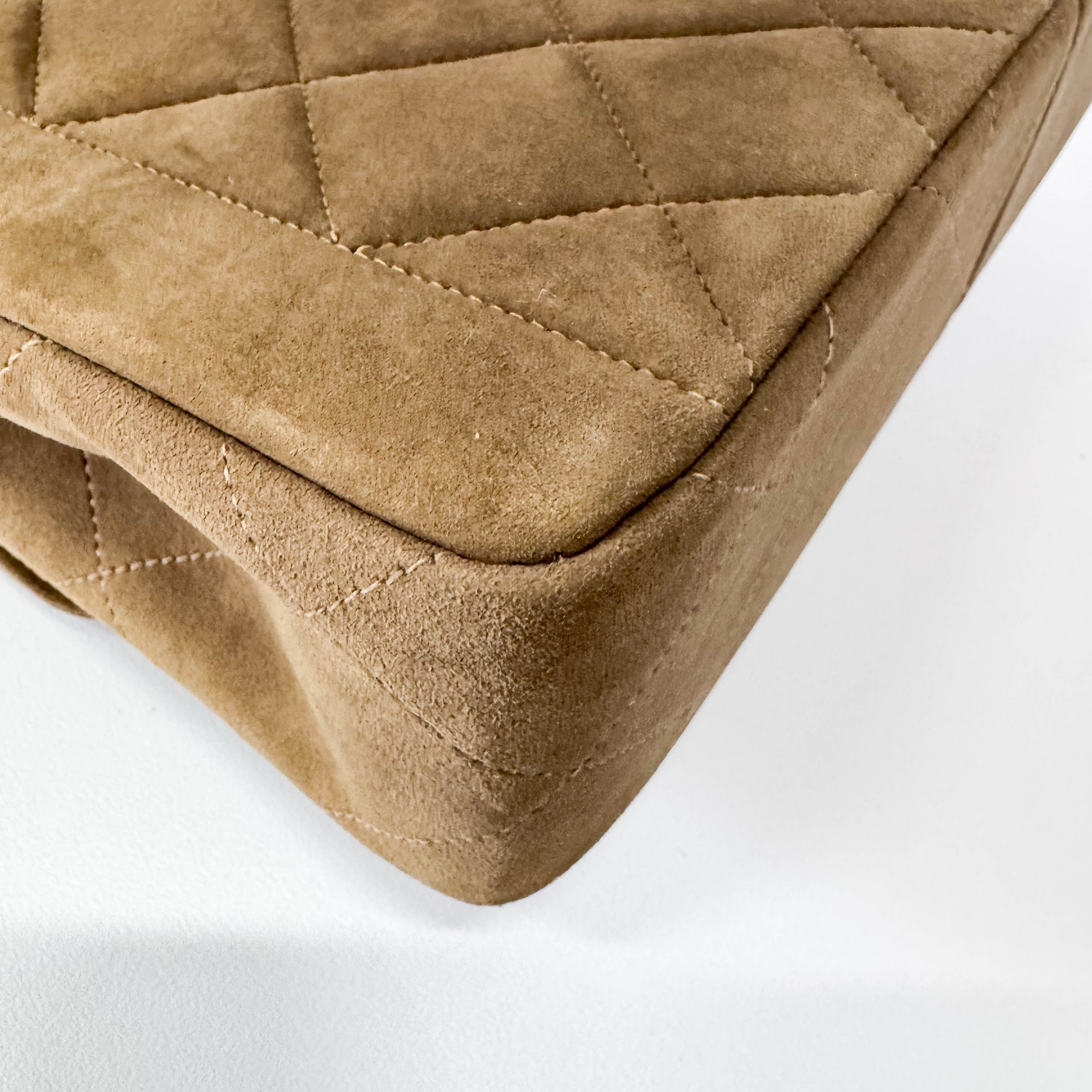 Timeless Classic Quilted Single Flap Suede Khaki Shoulder Bag Chain Gold Hardware