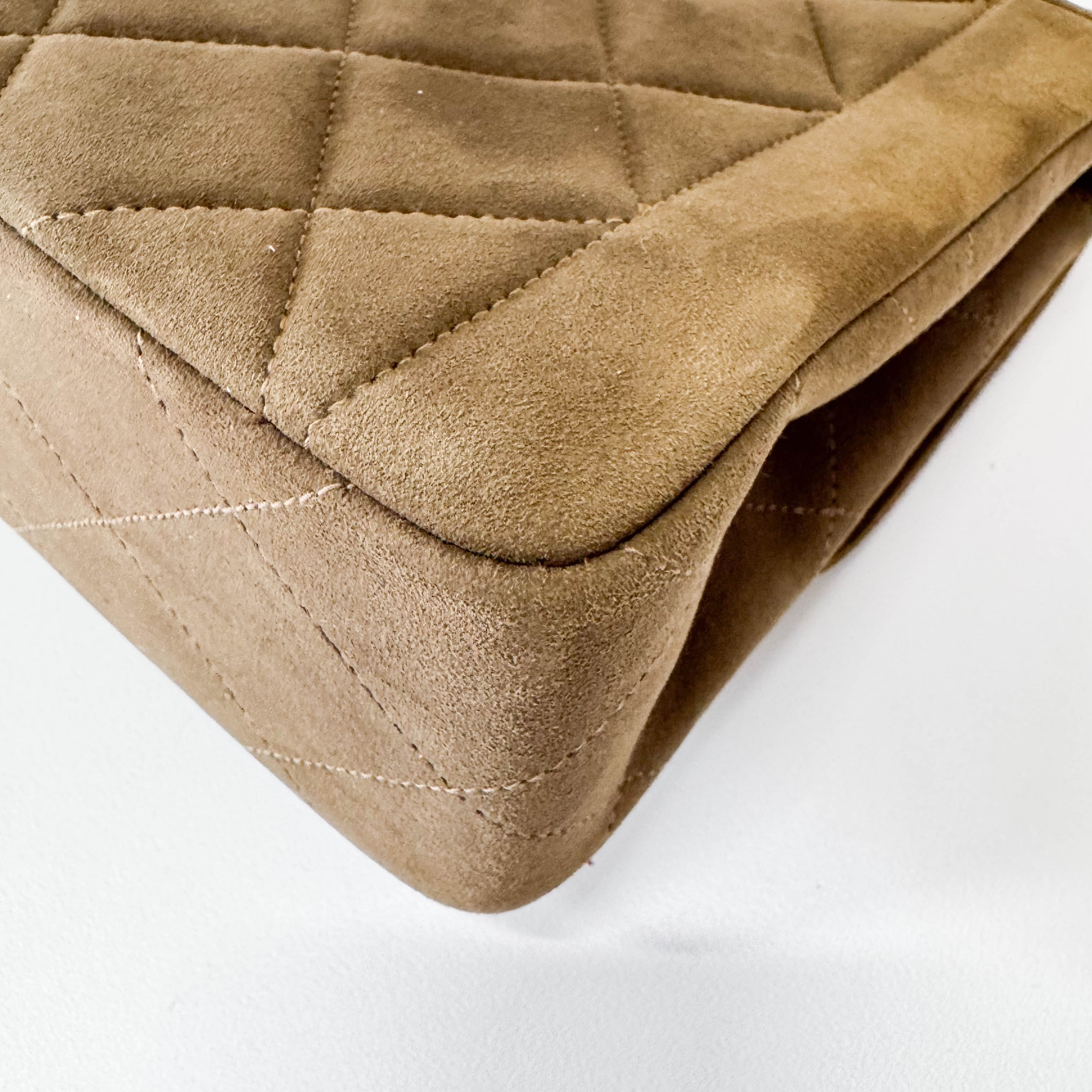 Timeless Classic Quilted Single Flap Suede Khaki Shoulder Bag Chain Gold Hardware