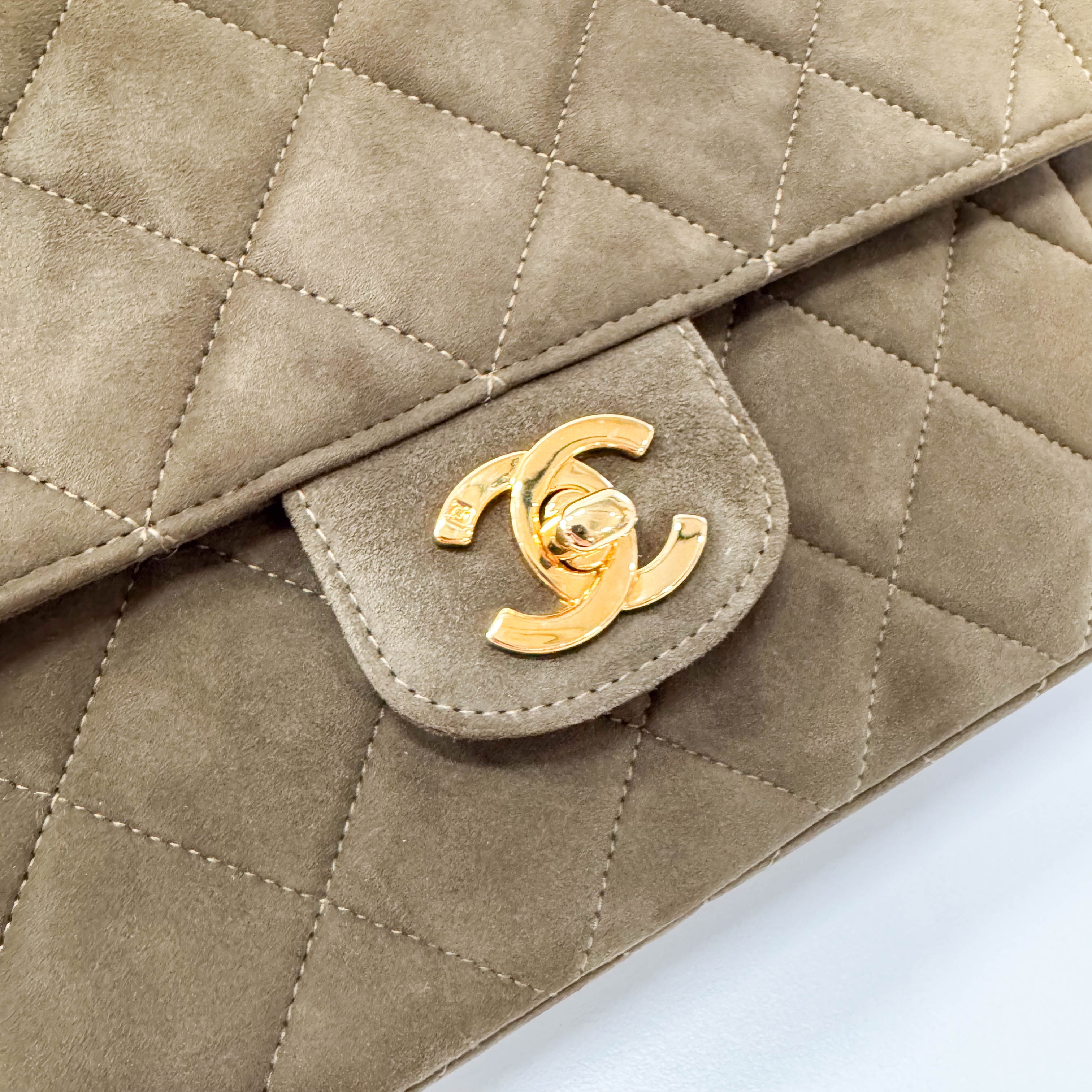 Timeless Classic Quilted Single Flap Suede Khaki Shoulder Bag Chain Gold Hardware