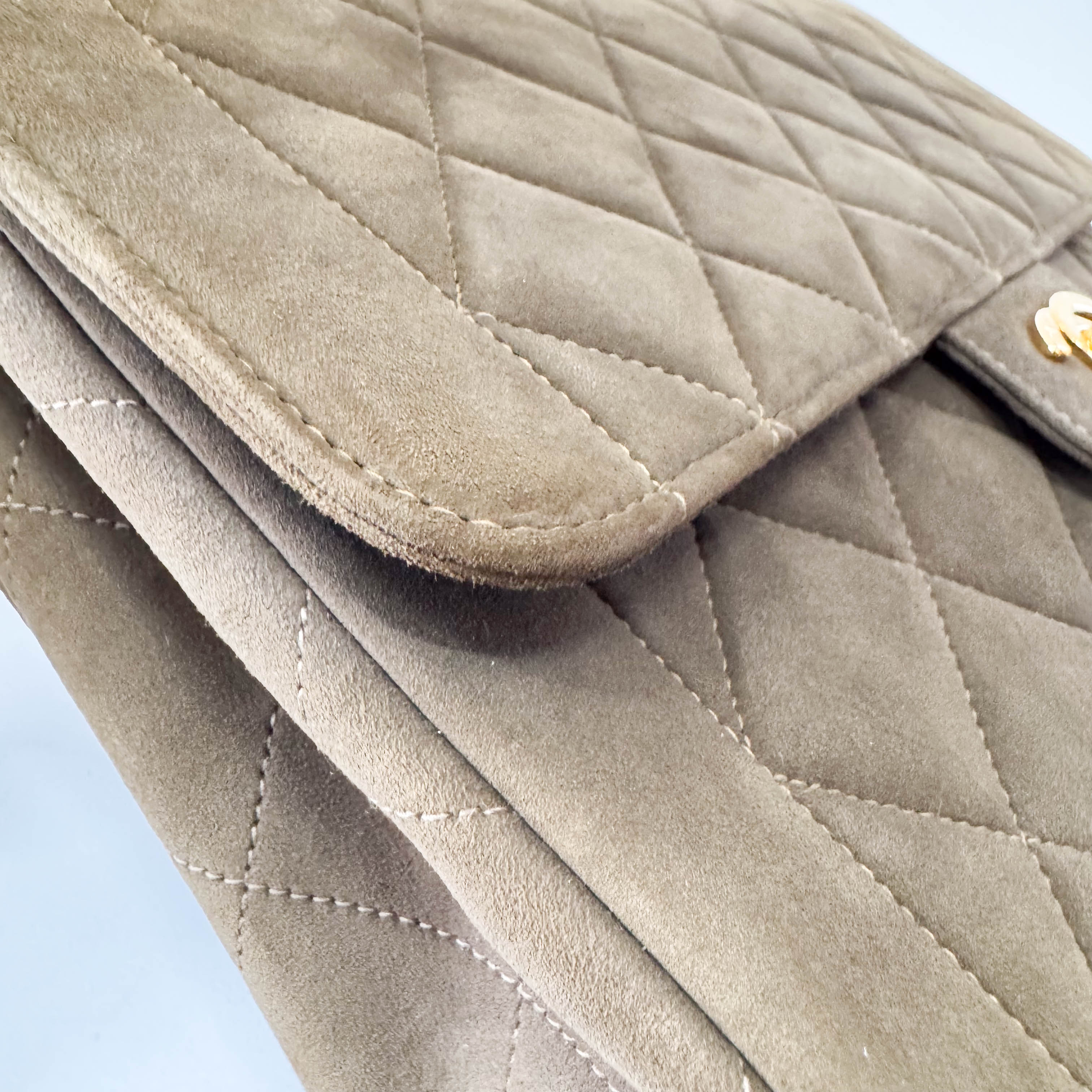 Timeless Classic Quilted Single Flap Suede Khaki Shoulder Bag Chain Gold Hardware