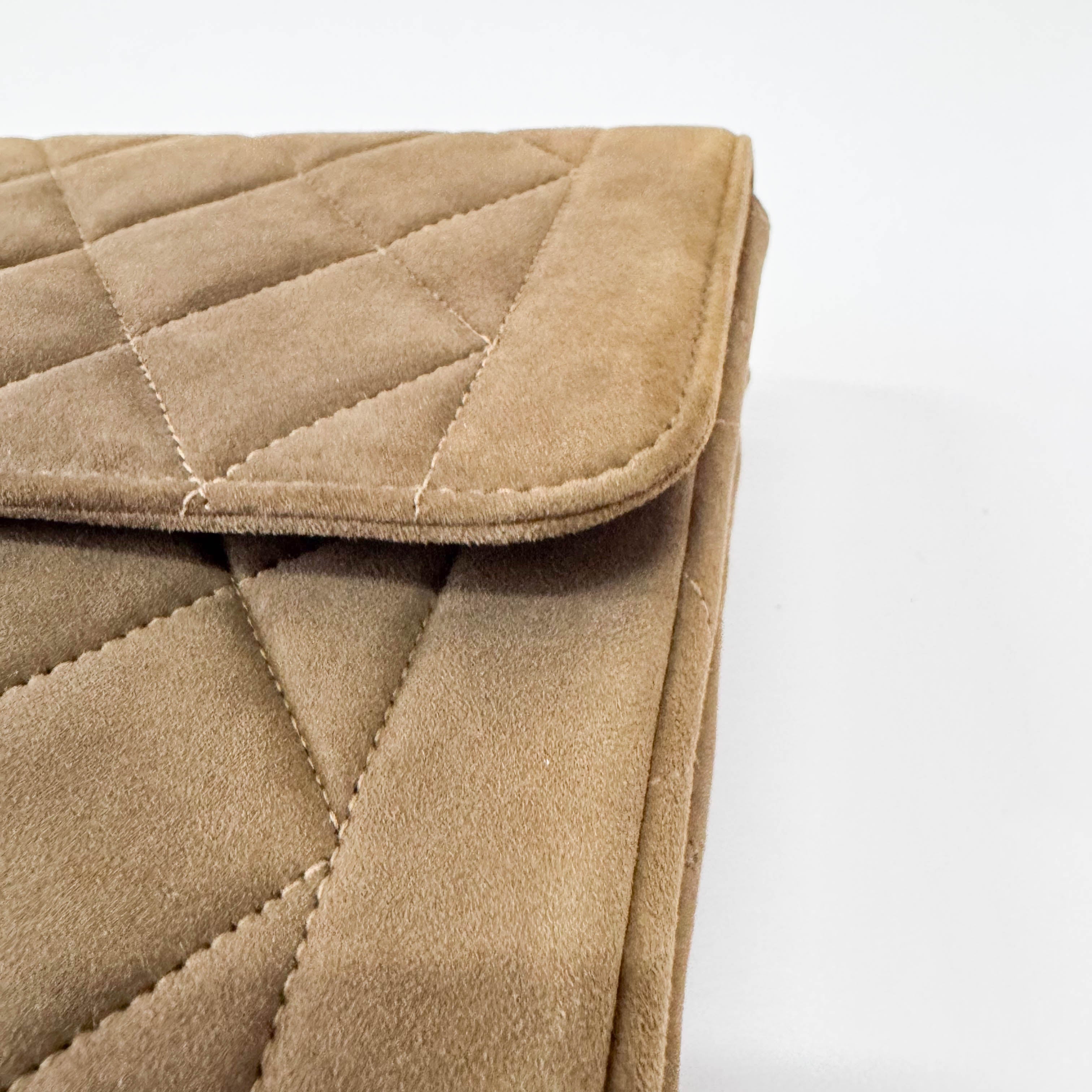 Timeless Classic Quilted Single Flap Suede Khaki Shoulder Bag Chain Gold Hardware