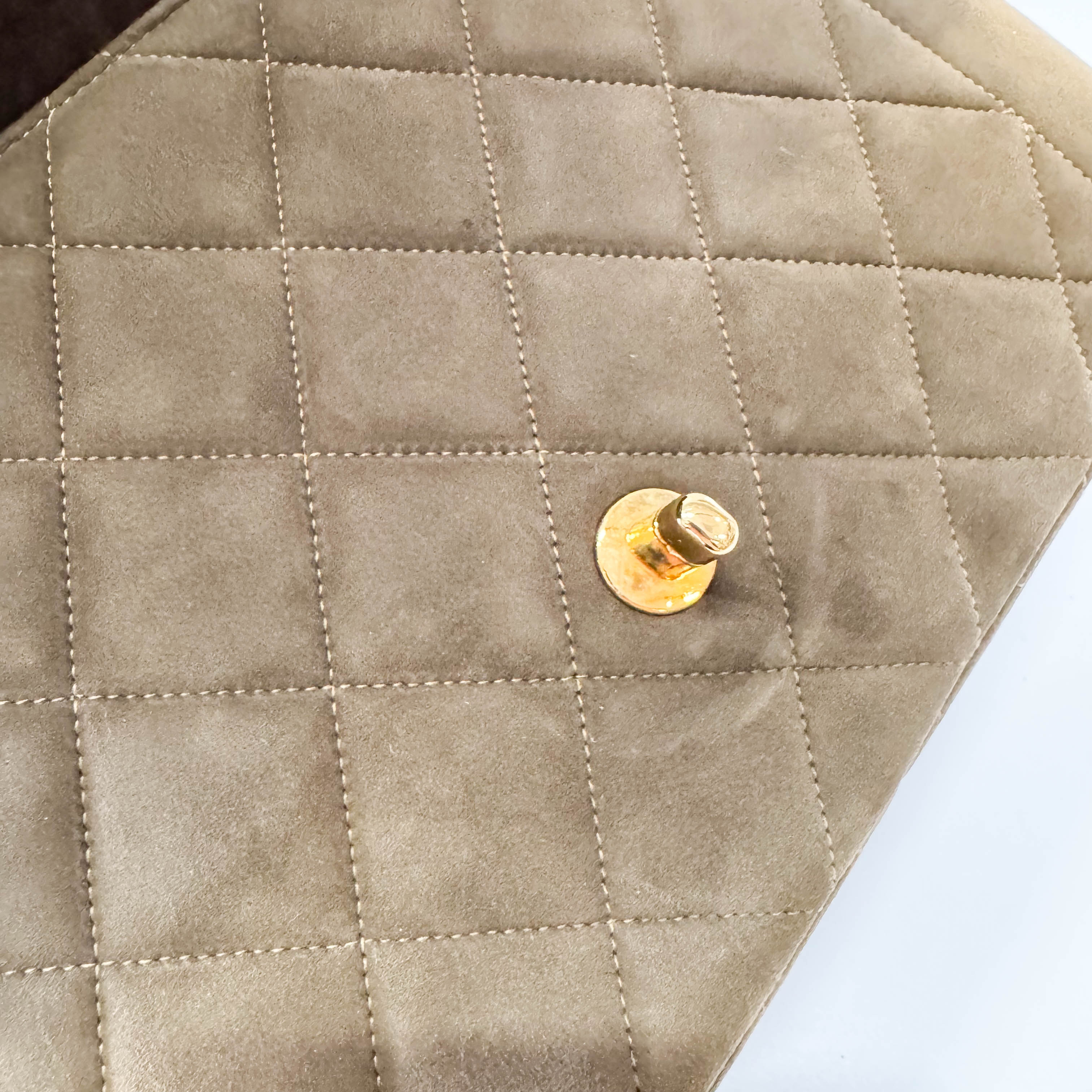 Timeless Classic Quilted Single Flap Suede Khaki Shoulder Bag Chain Gold Hardware