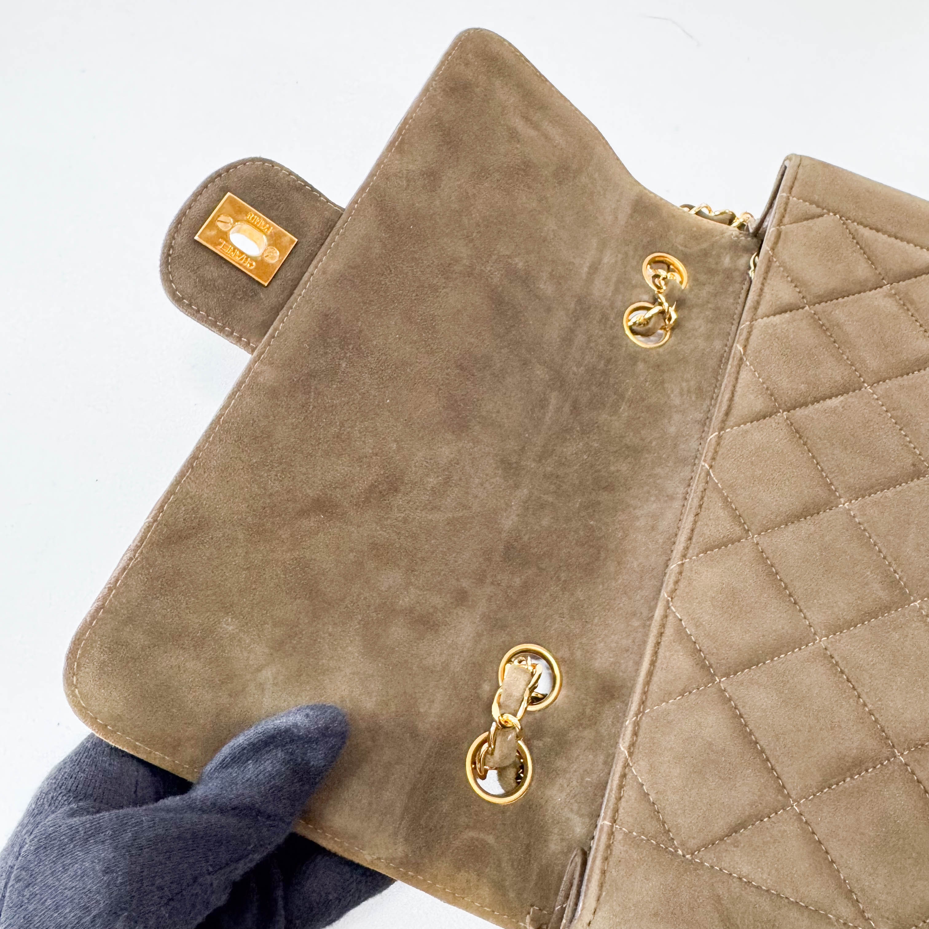 Timeless Classic Quilted Single Flap Suede Khaki Shoulder Bag Chain Gold Hardware