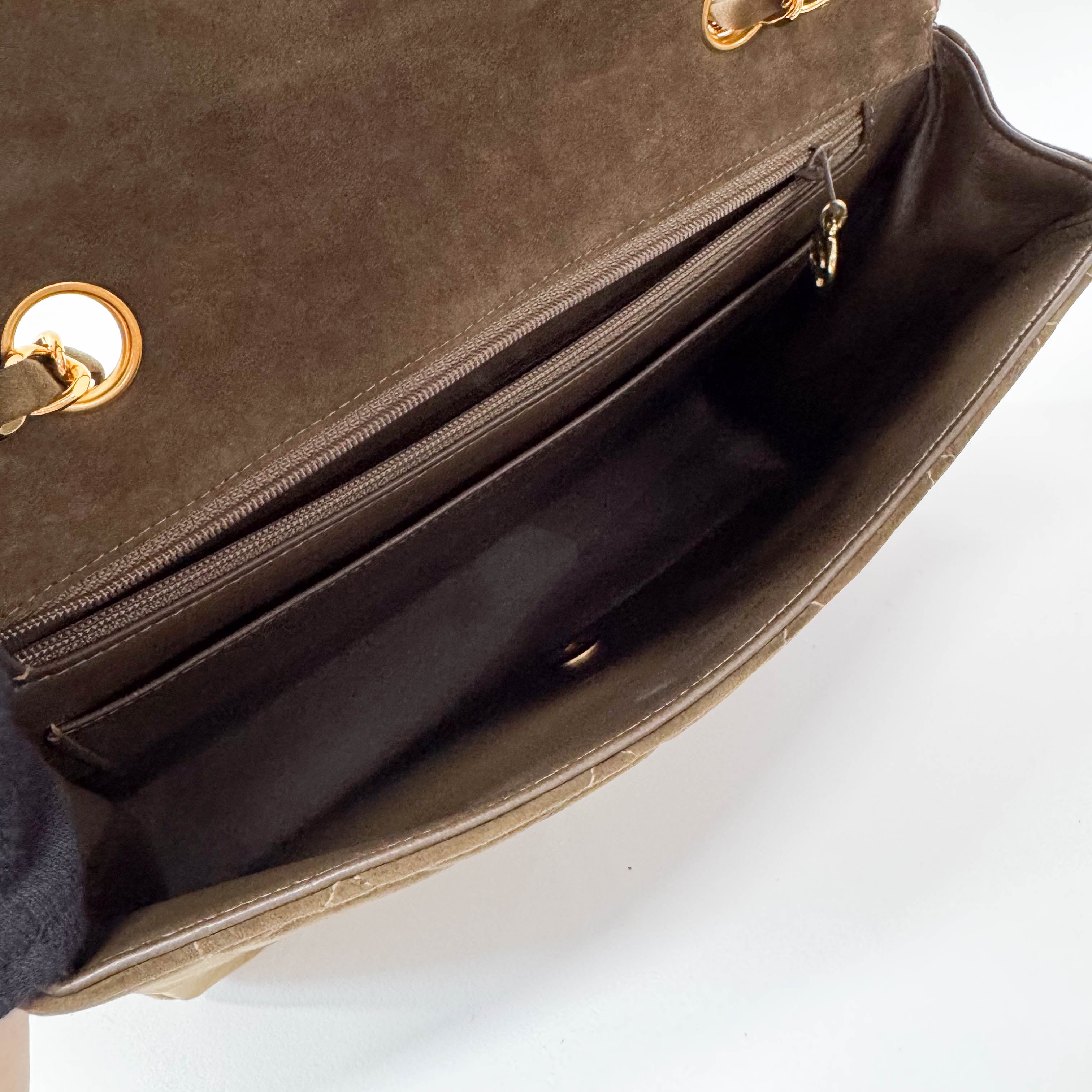 Timeless Classic Quilted Single Flap Suede Khaki Shoulder Bag Chain Gold Hardware