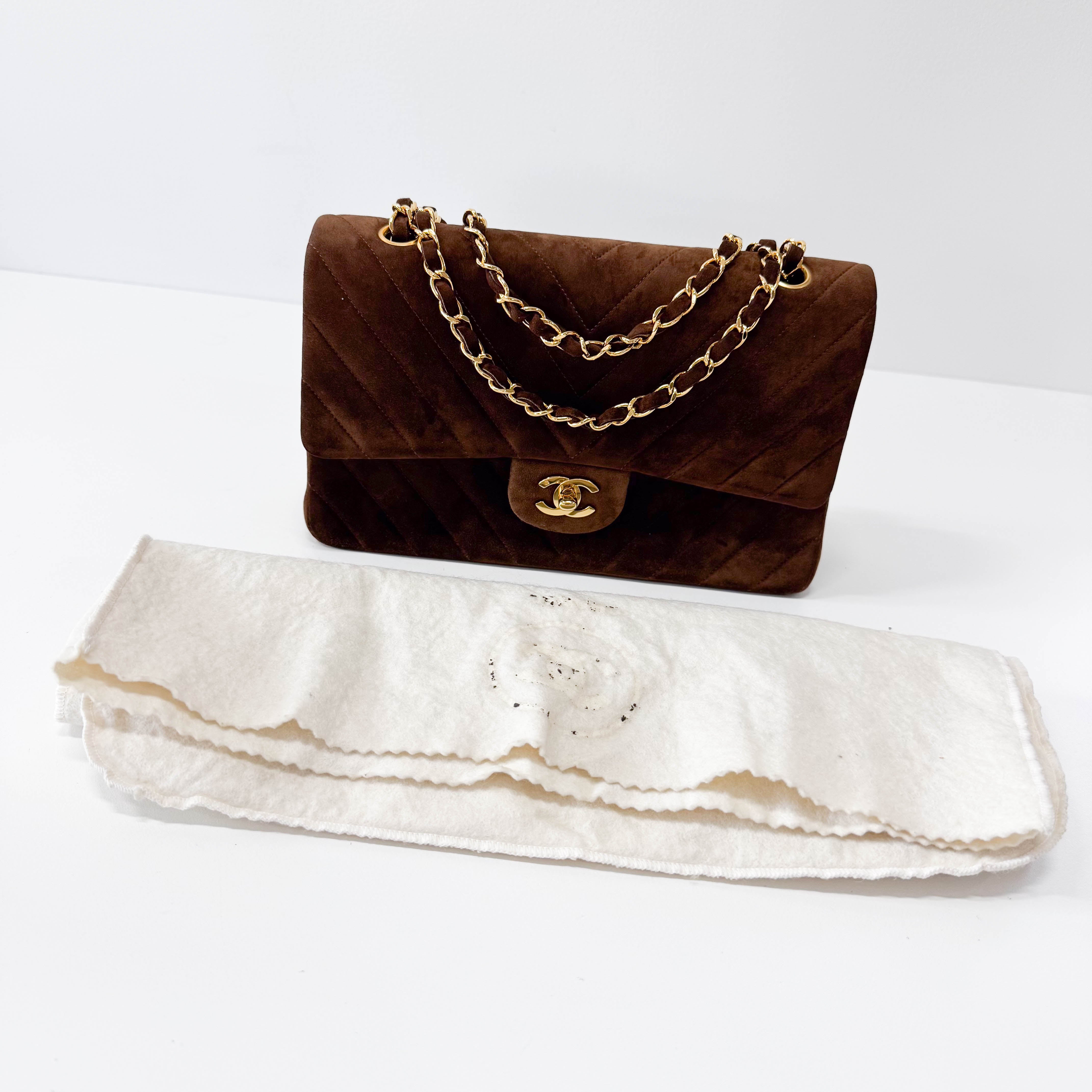 Chevron Double Flap Brown V Stitch Suede Double Chain Bag