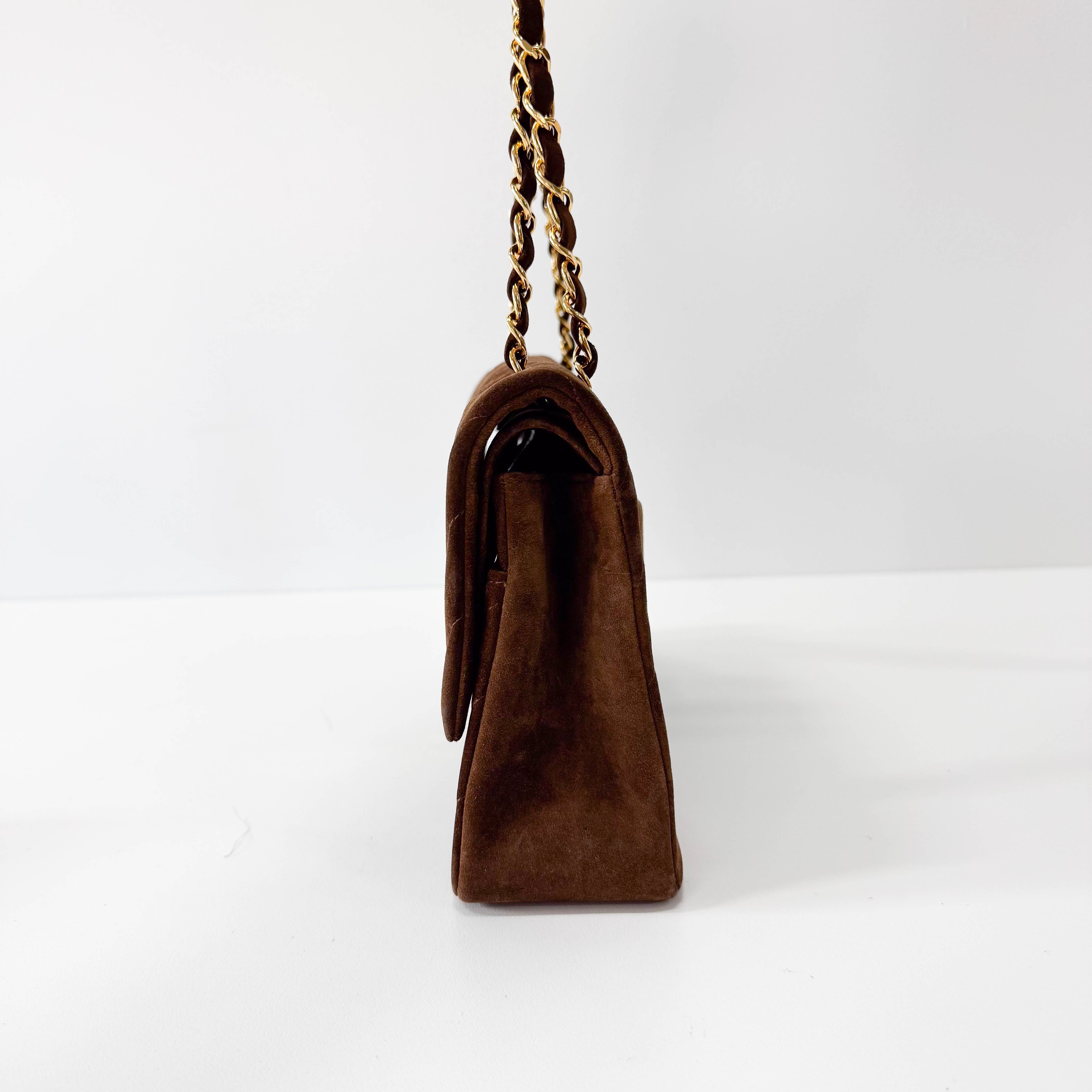 Chevron Double Flap Brown V Stitch Suede Double Chain Bag