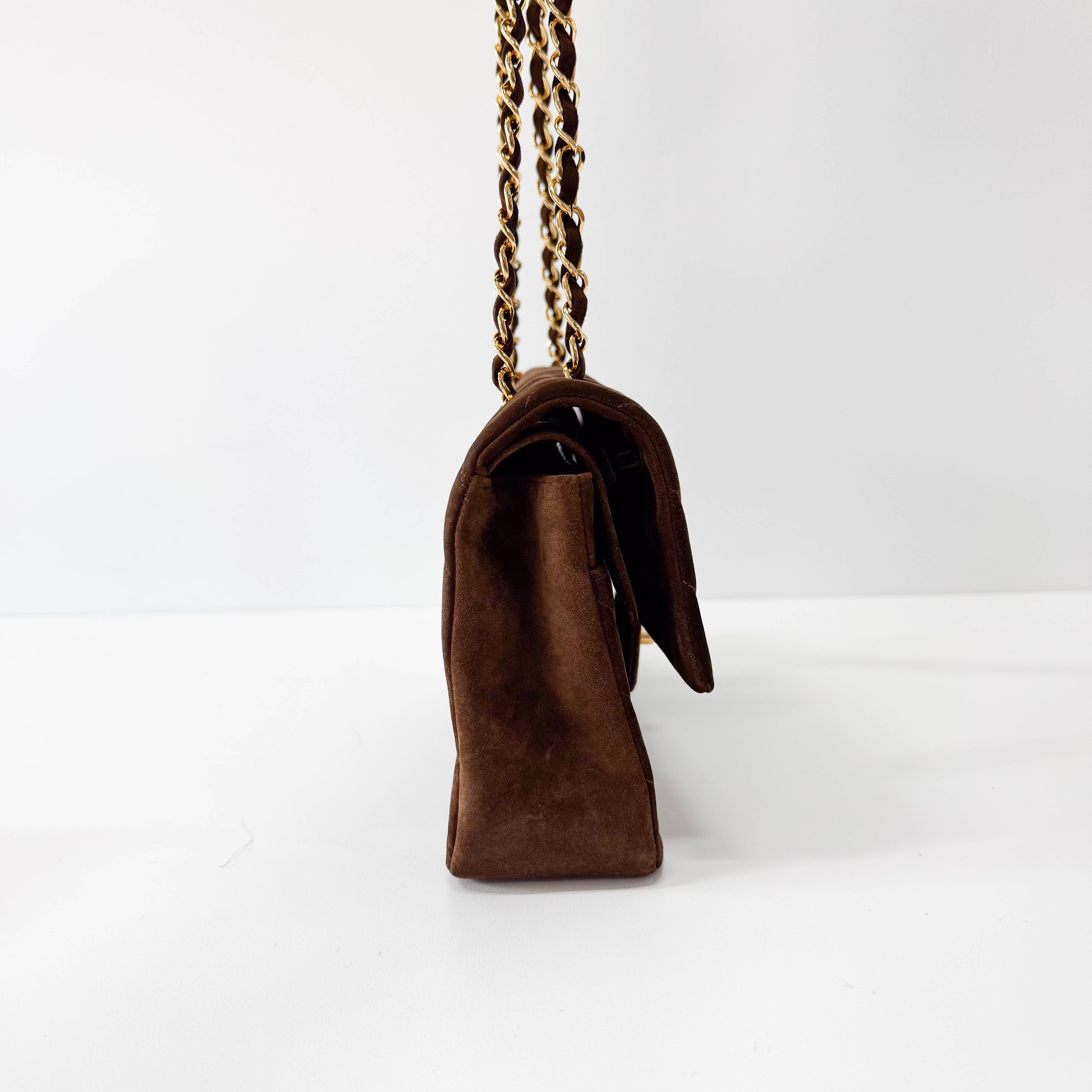 Chevron Double Flap Brown V Stitch Suede Double Chain Bag