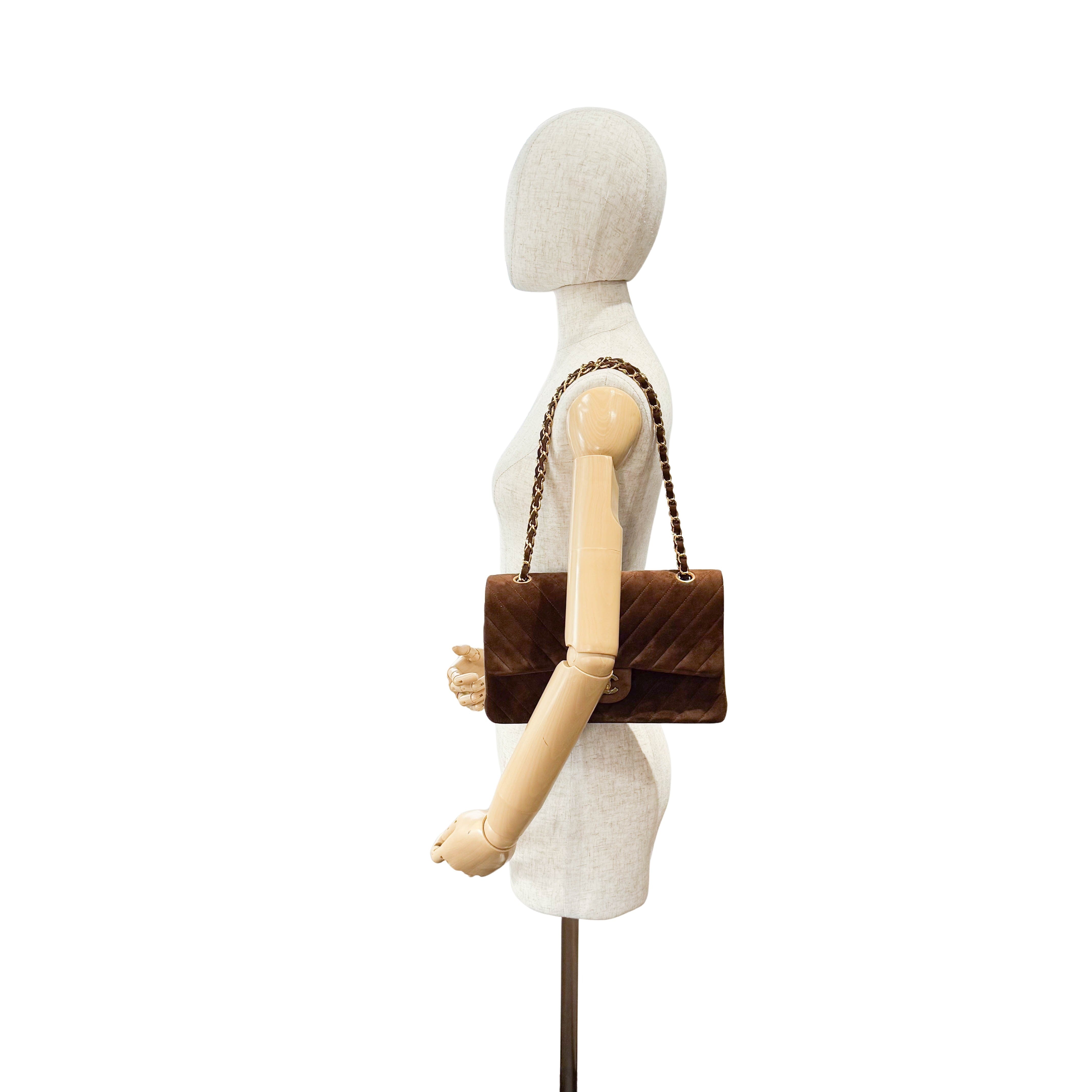 Chevron Double Flap Brown V Stitch Suede Double Chain Bag