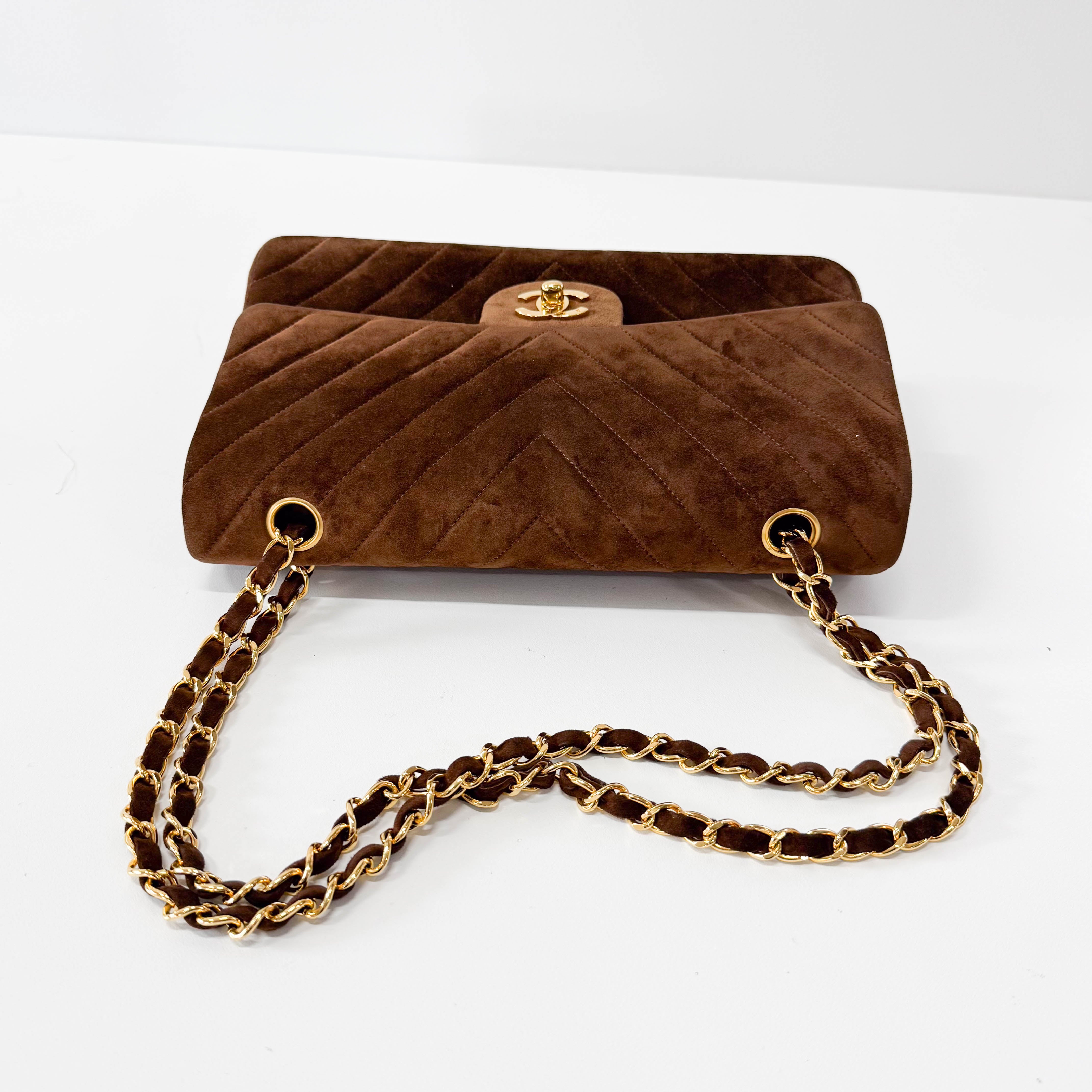 Chevron Double Flap Brown V Stitch Suede Double Chain Bag