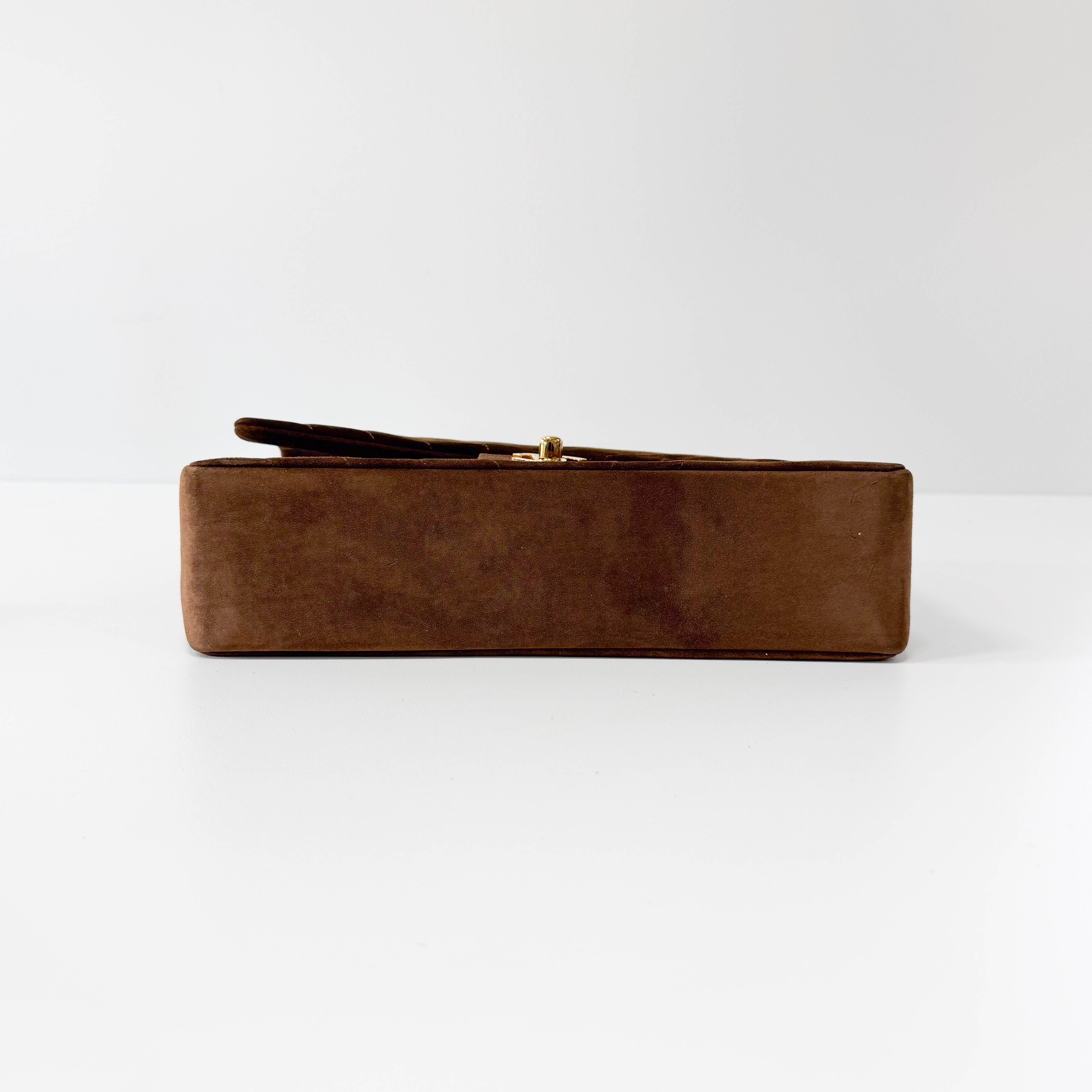 Chevron Double Flap Brown V Stitch Suede Double Chain Bag