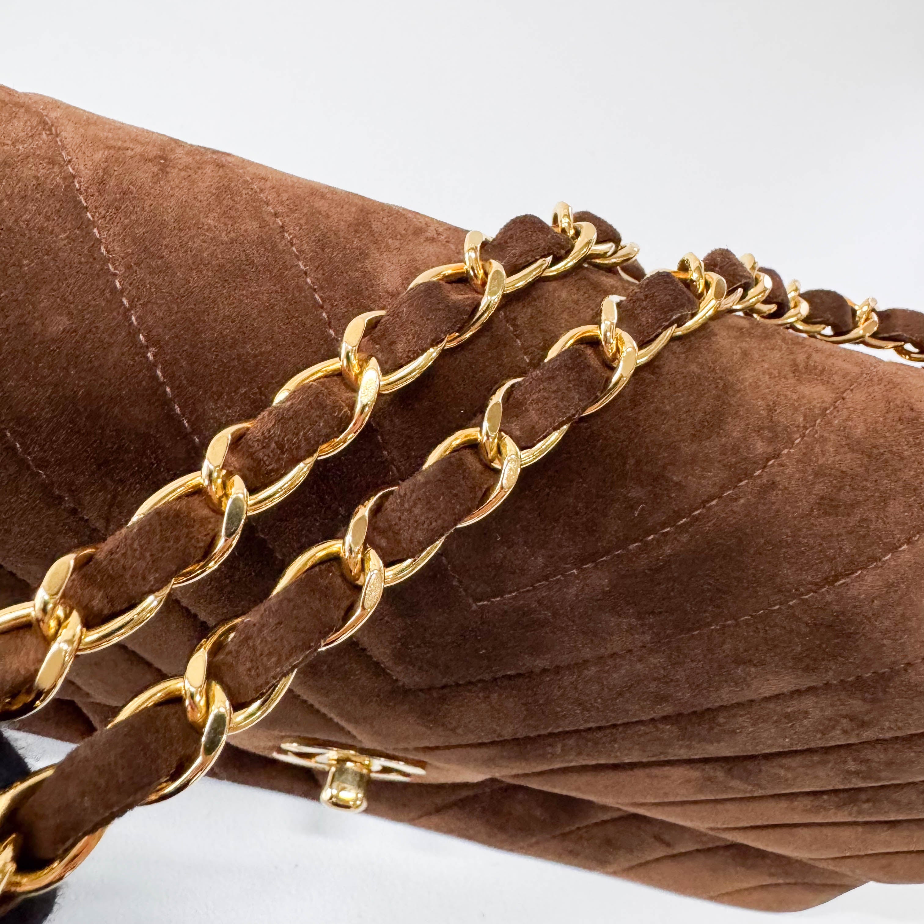 Chevron Double Flap Brown V Stitch Suede Double Chain Bag