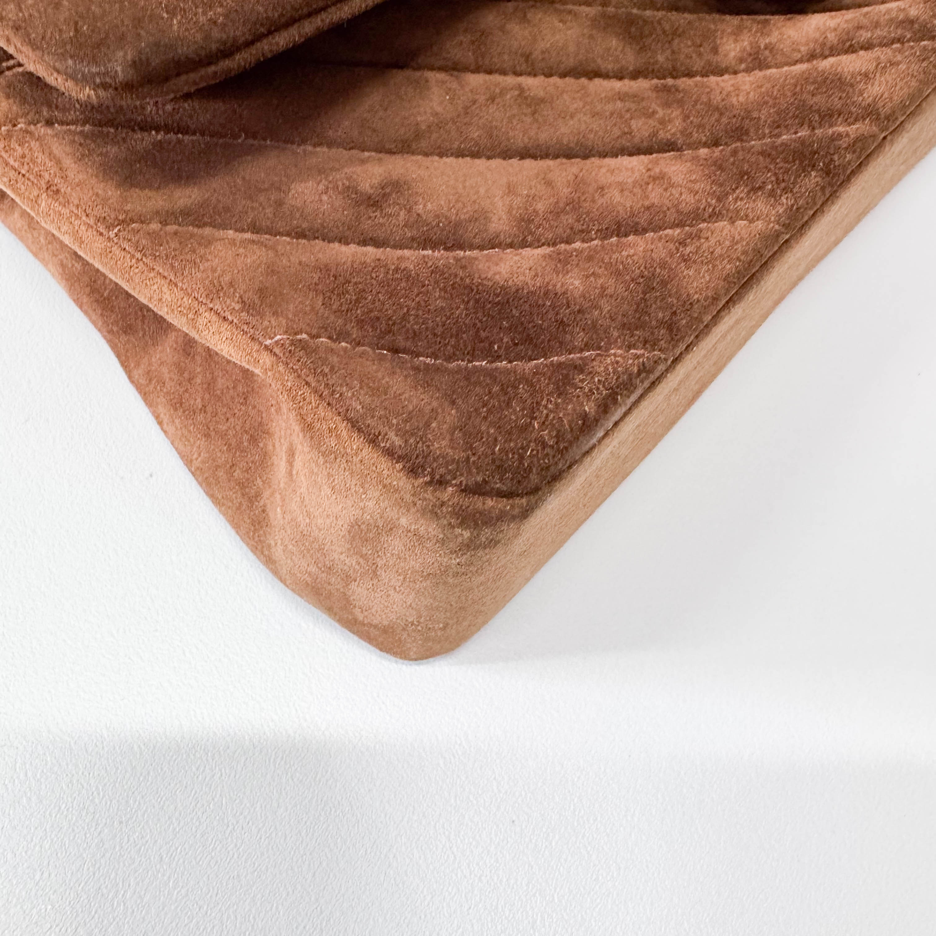 Chevron Double Flap Brown V Stitch Suede Double Chain Bag