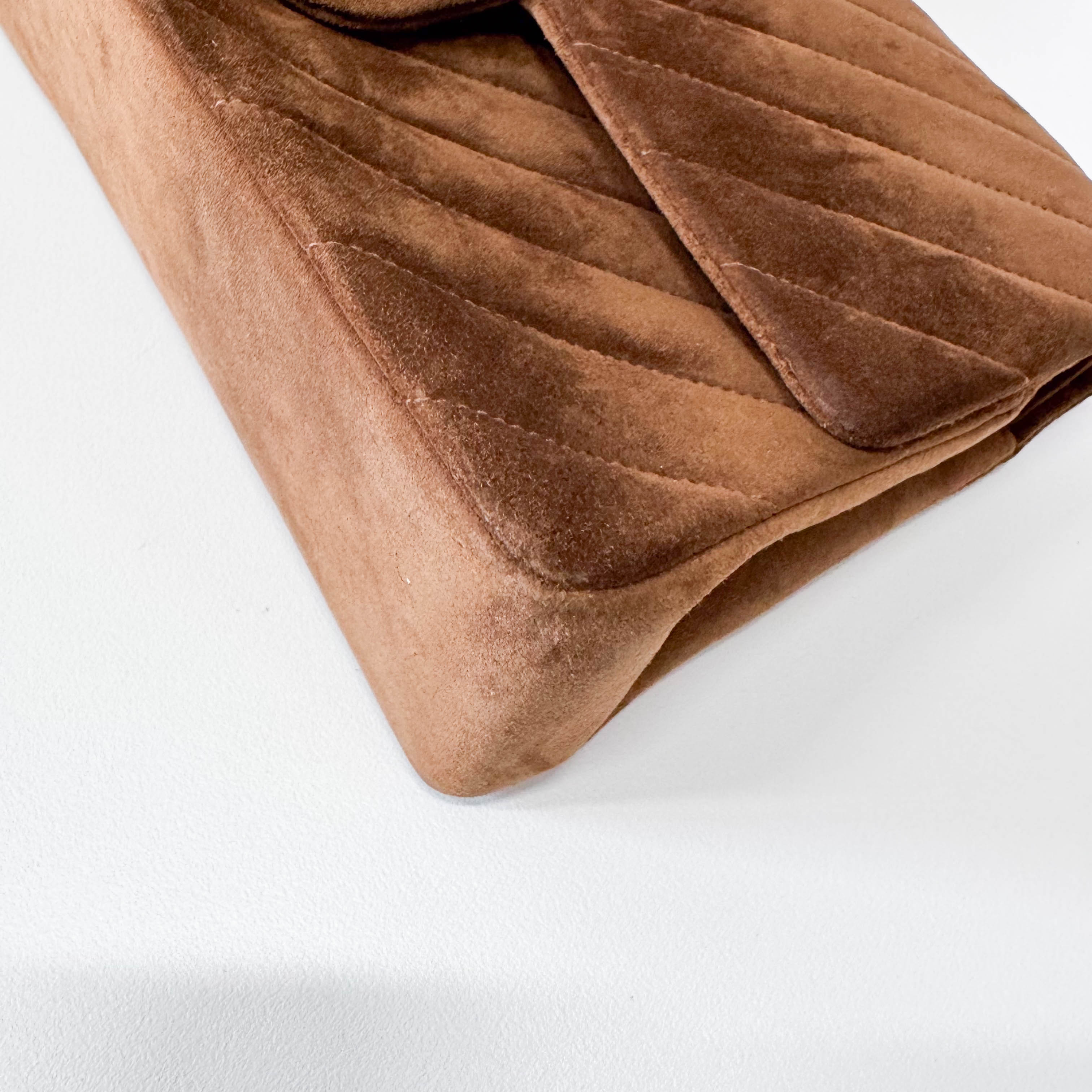 Chevron Double Flap Brown V Stitch Suede Double Chain Bag