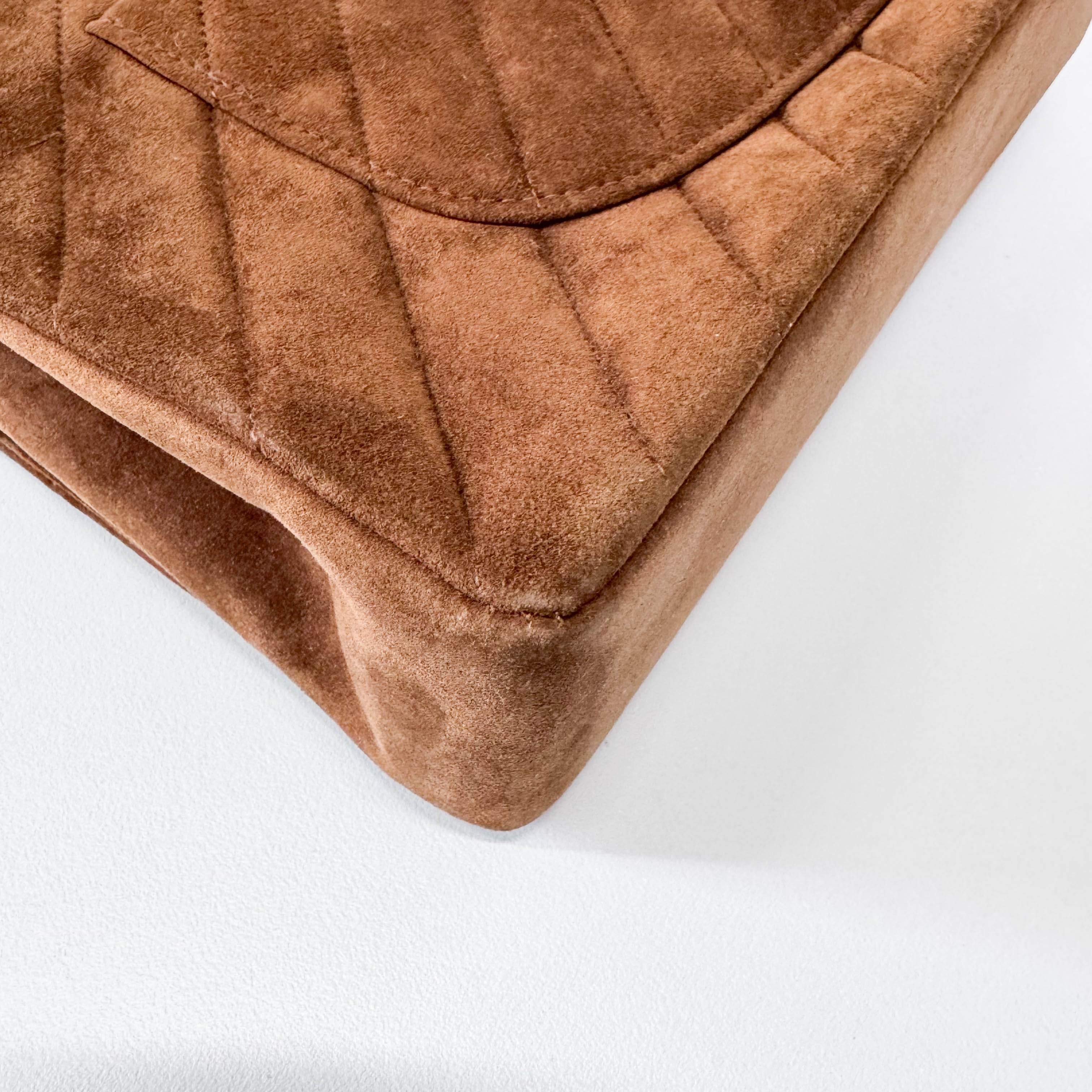 Chevron Double Flap Brown V Stitch Suede Double Chain Bag