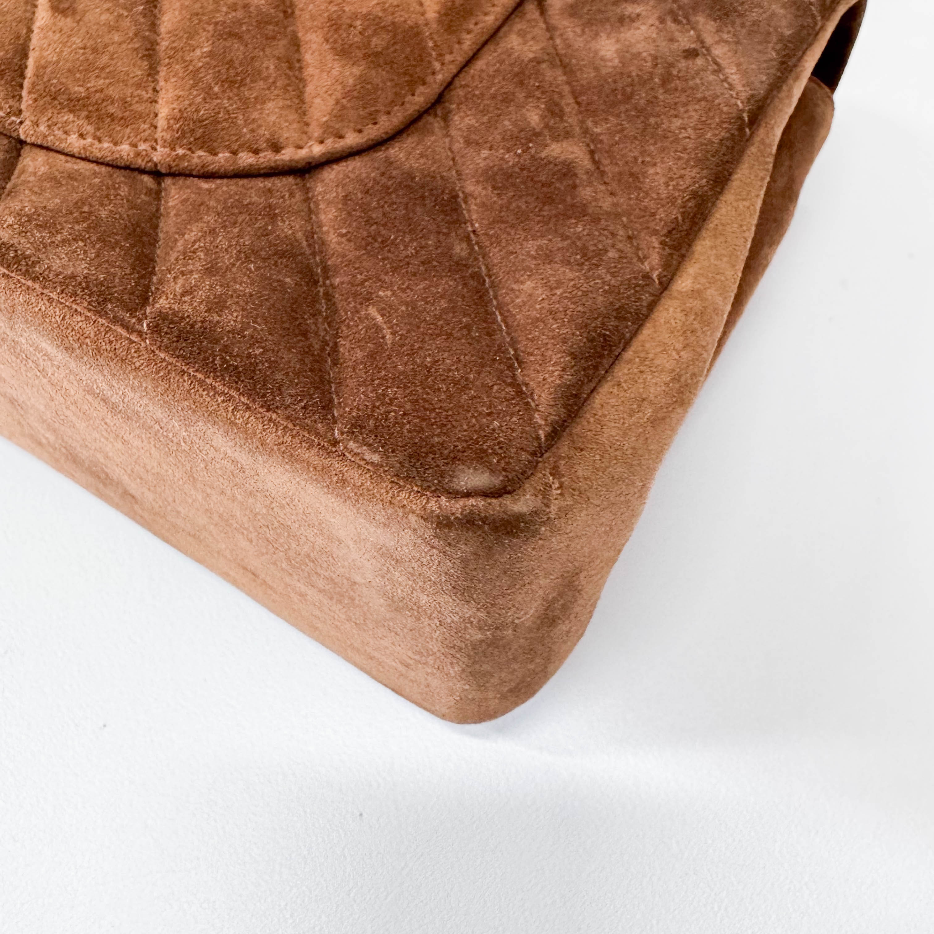 Chevron Double Flap Brown V Stitch Suede Double Chain Bag