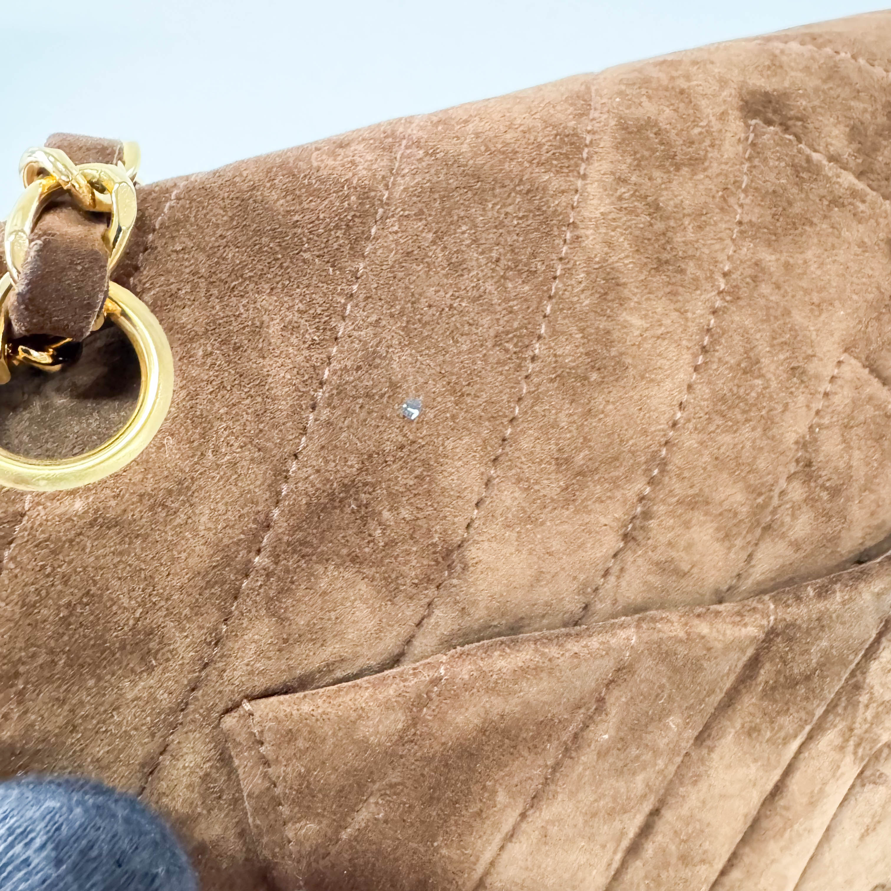 Chevron Double Flap Brown V Stitch Suede Double Chain Bag