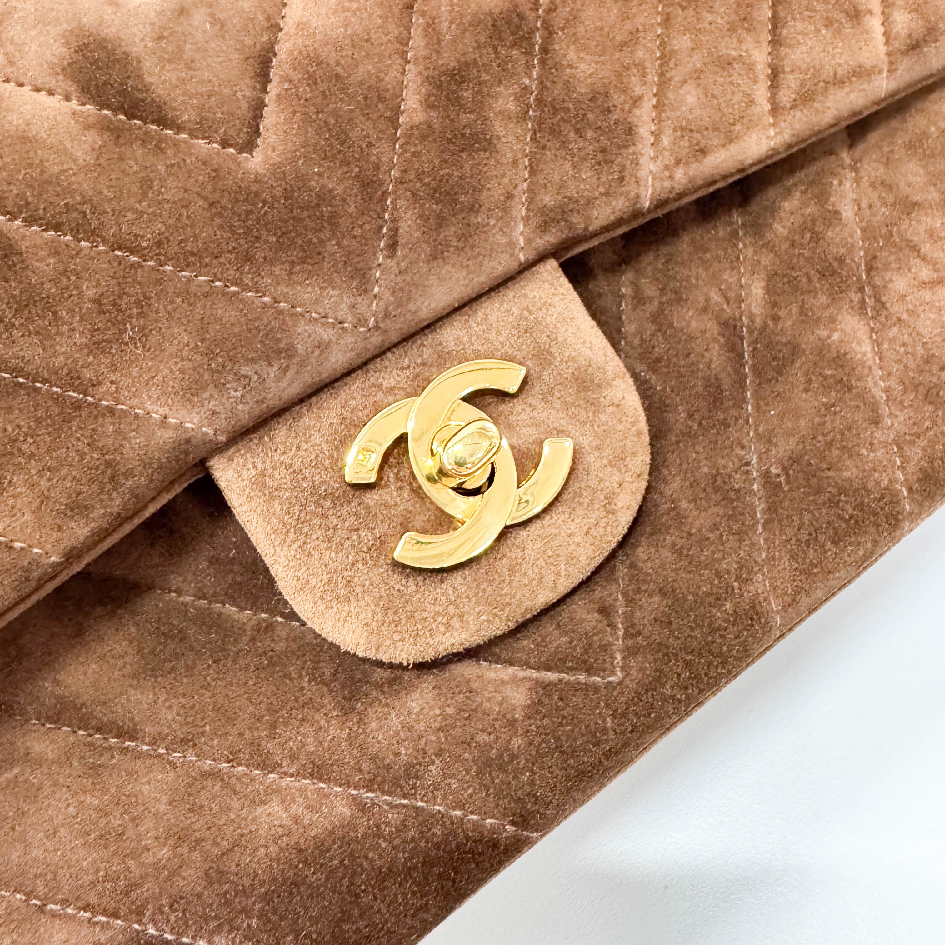 Chevron Double Flap Brown V Stitch Suede Double Chain Bag