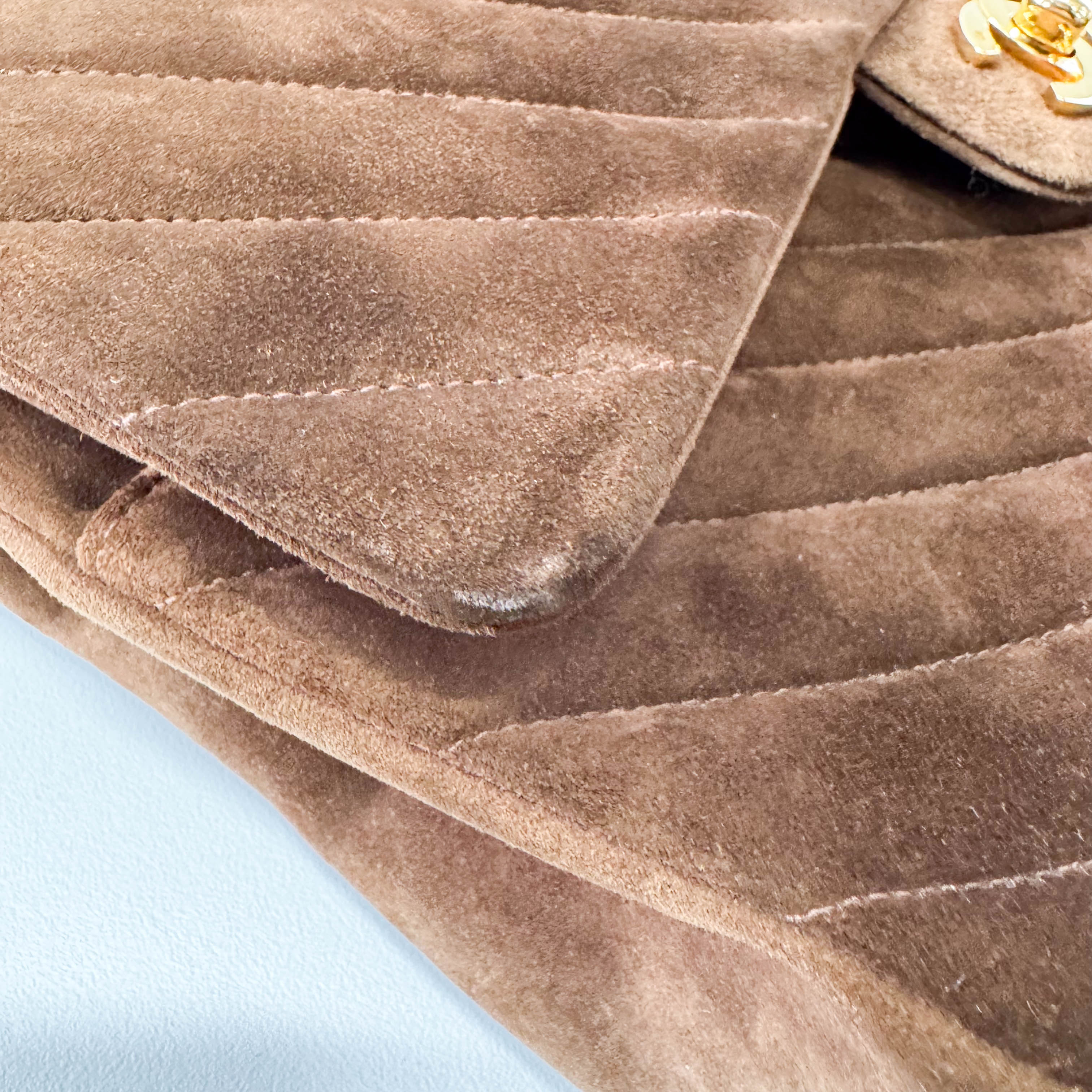 Chevron Double Flap Brown V Stitch Suede Double Chain Bag