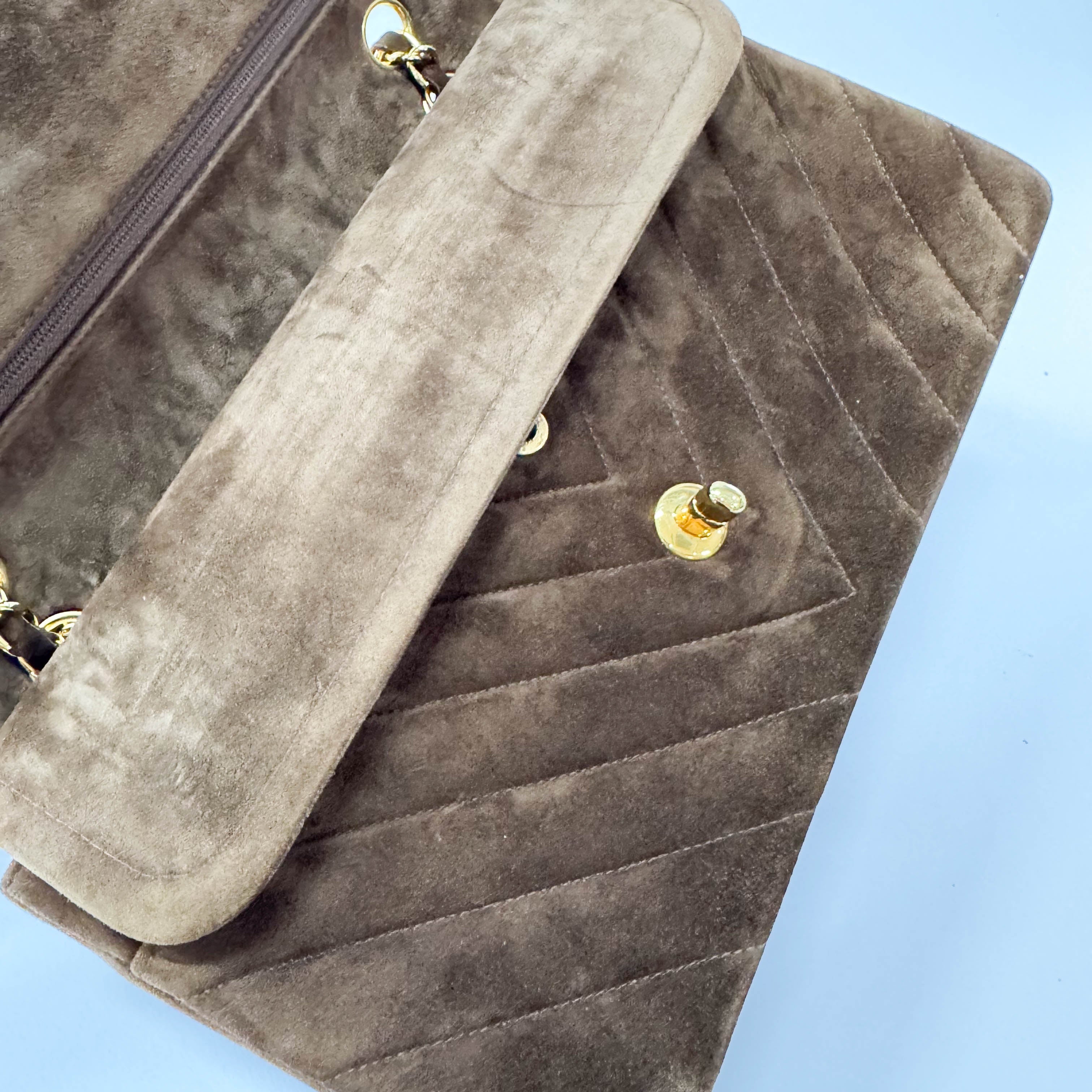 Chevron Double Flap Brown V Stitch Suede Double Chain Bag