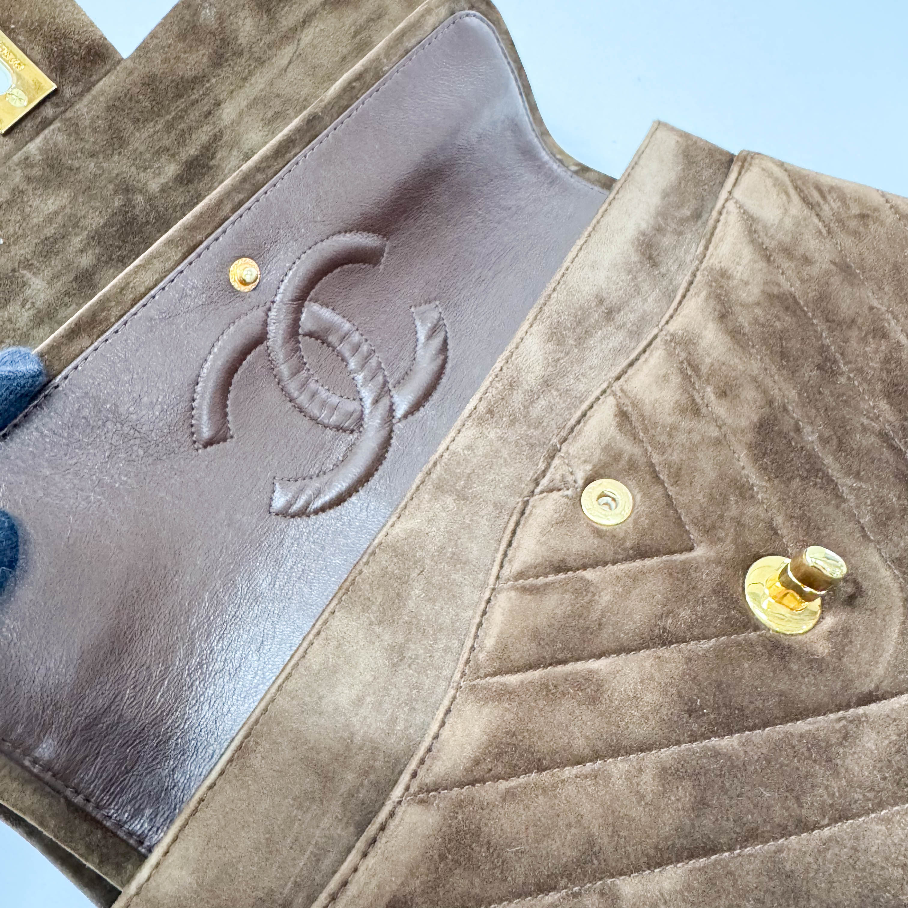 Chevron Double Flap Brown V Stitch Suede Double Chain Bag